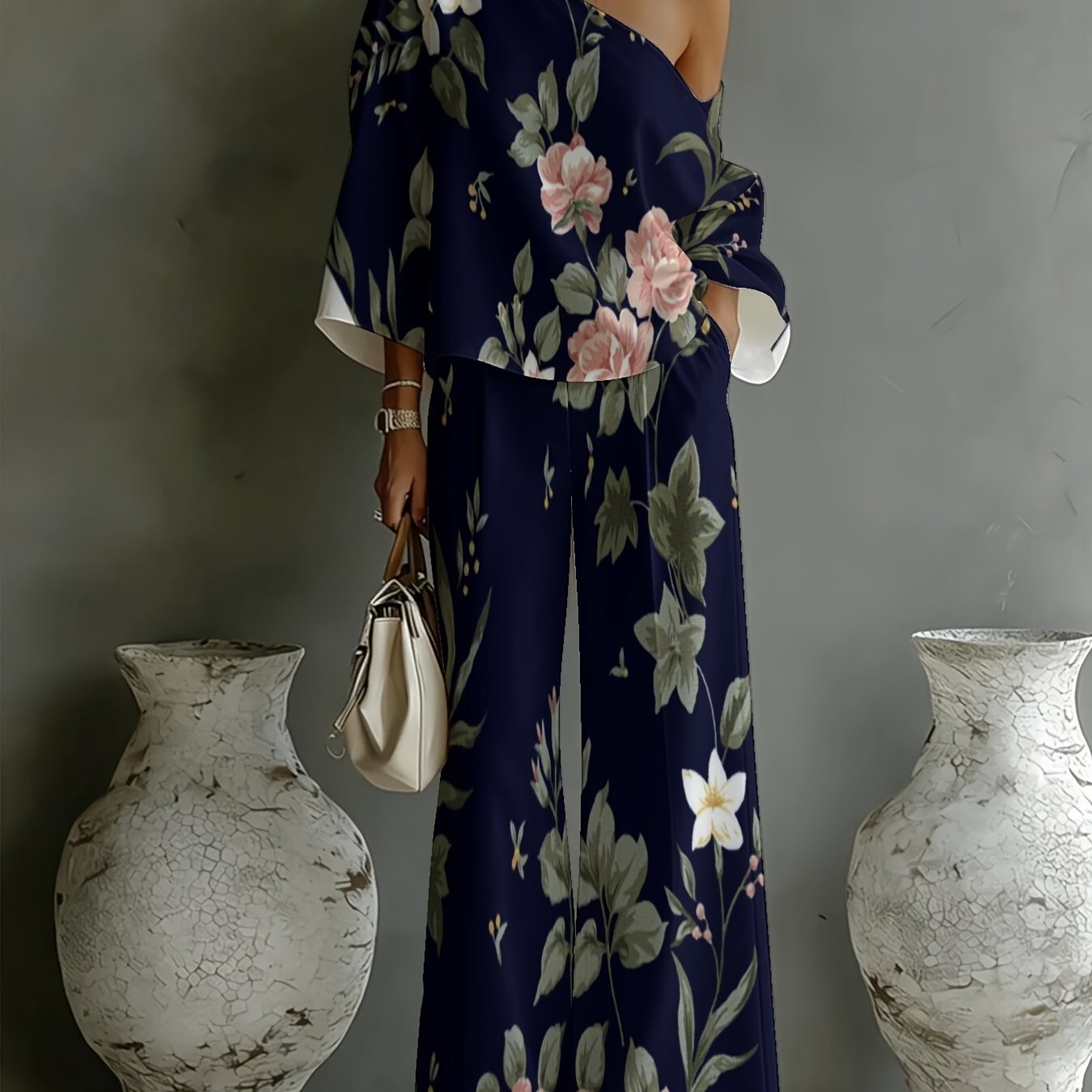Image of Plus Size, Plus Size Women's Elegant Printed Set - One-shoulder Flared Sleeve Cropped Top With High-waist Wide-leg Pants, An Elegant 2pcs Vacation Outfit