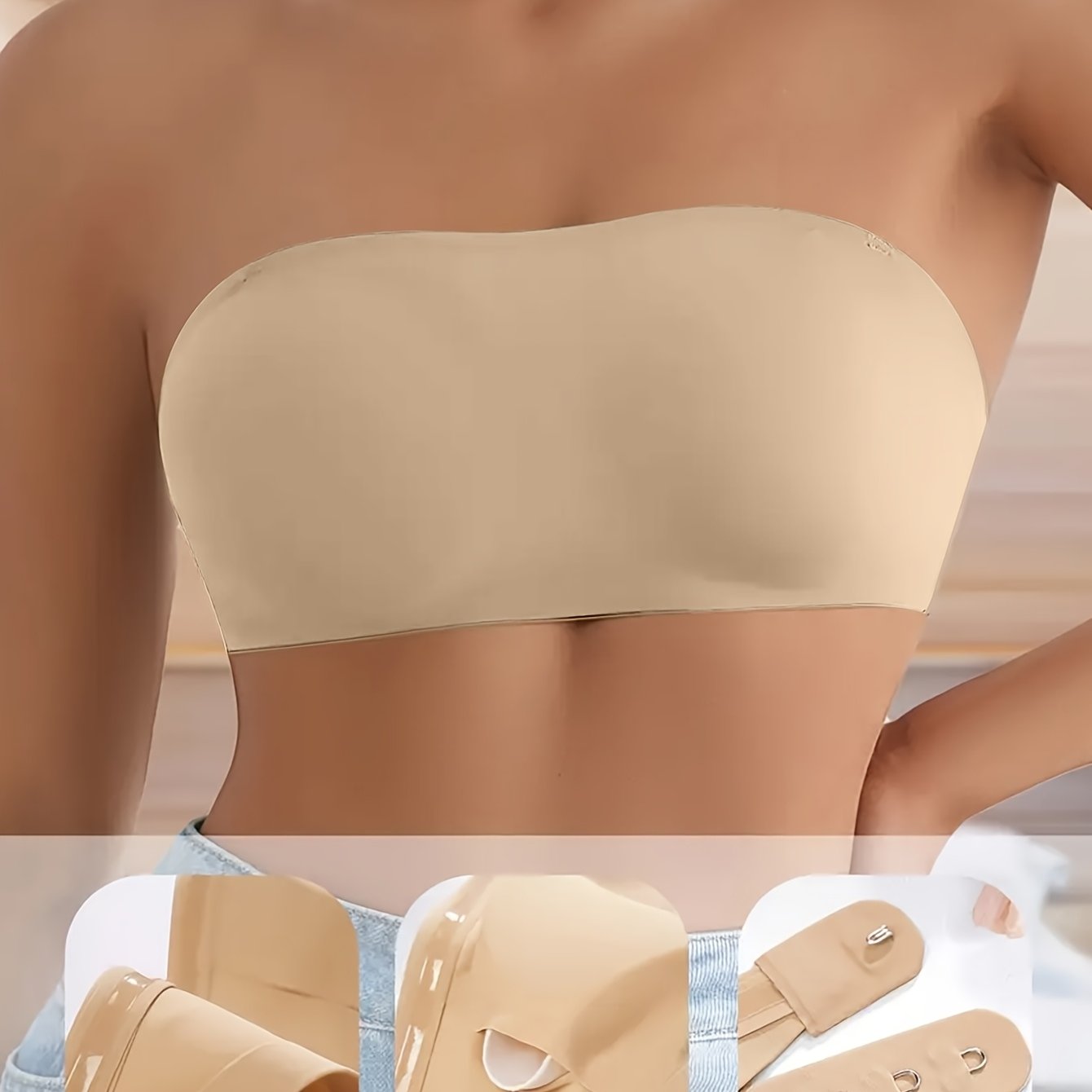 Image of 1pc Women's Strapless Detachable Padding Seamless Bandeau Bra, Anti-slip Casual Comfortable Bandeau With Wire-free Support Underwear