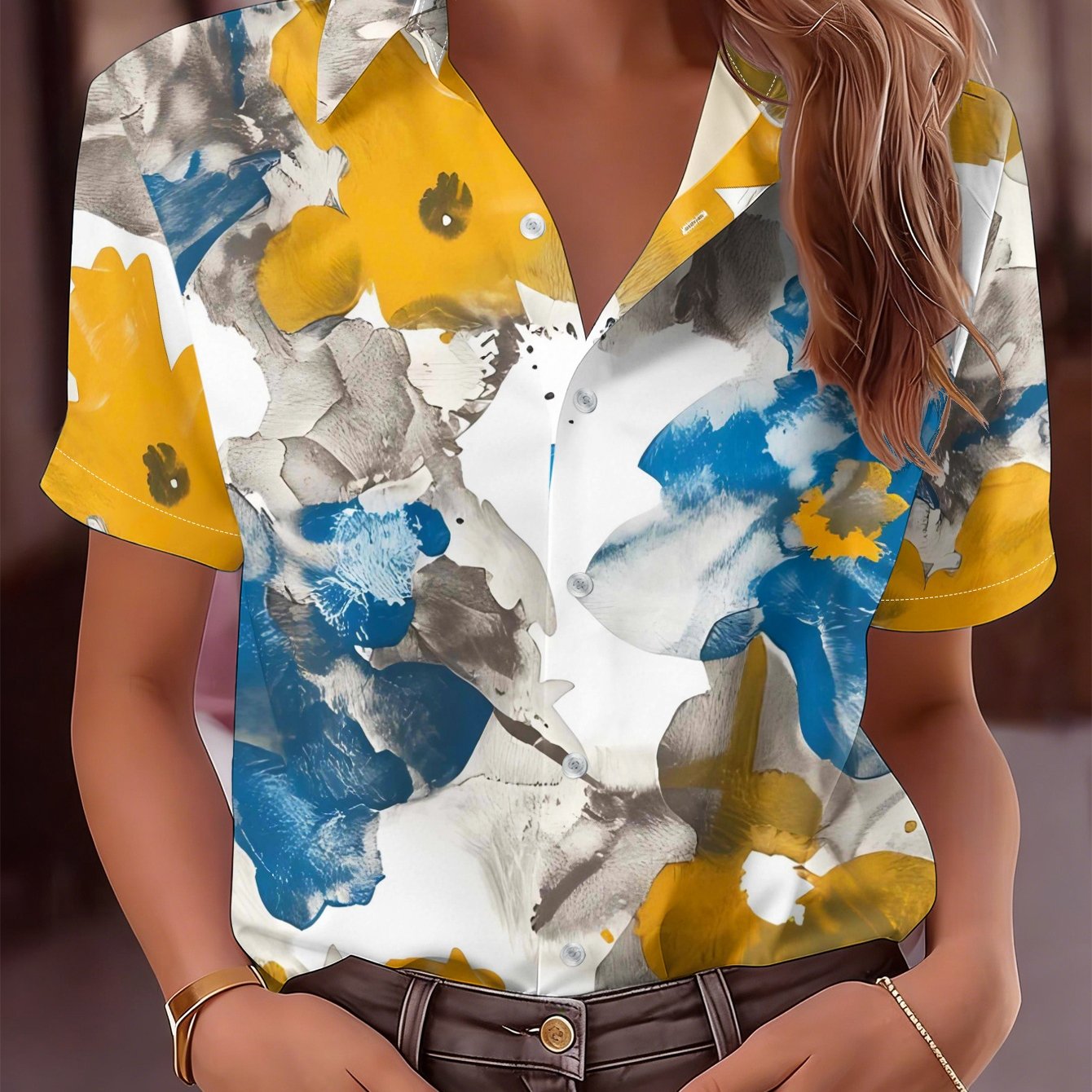 TEMU 2026 Women's Short-sleeve Shirt, Ink Wash Smudge Yellow And Blue Floral Print, Loose And Comfortable Daily Casual Top, Machine Washable