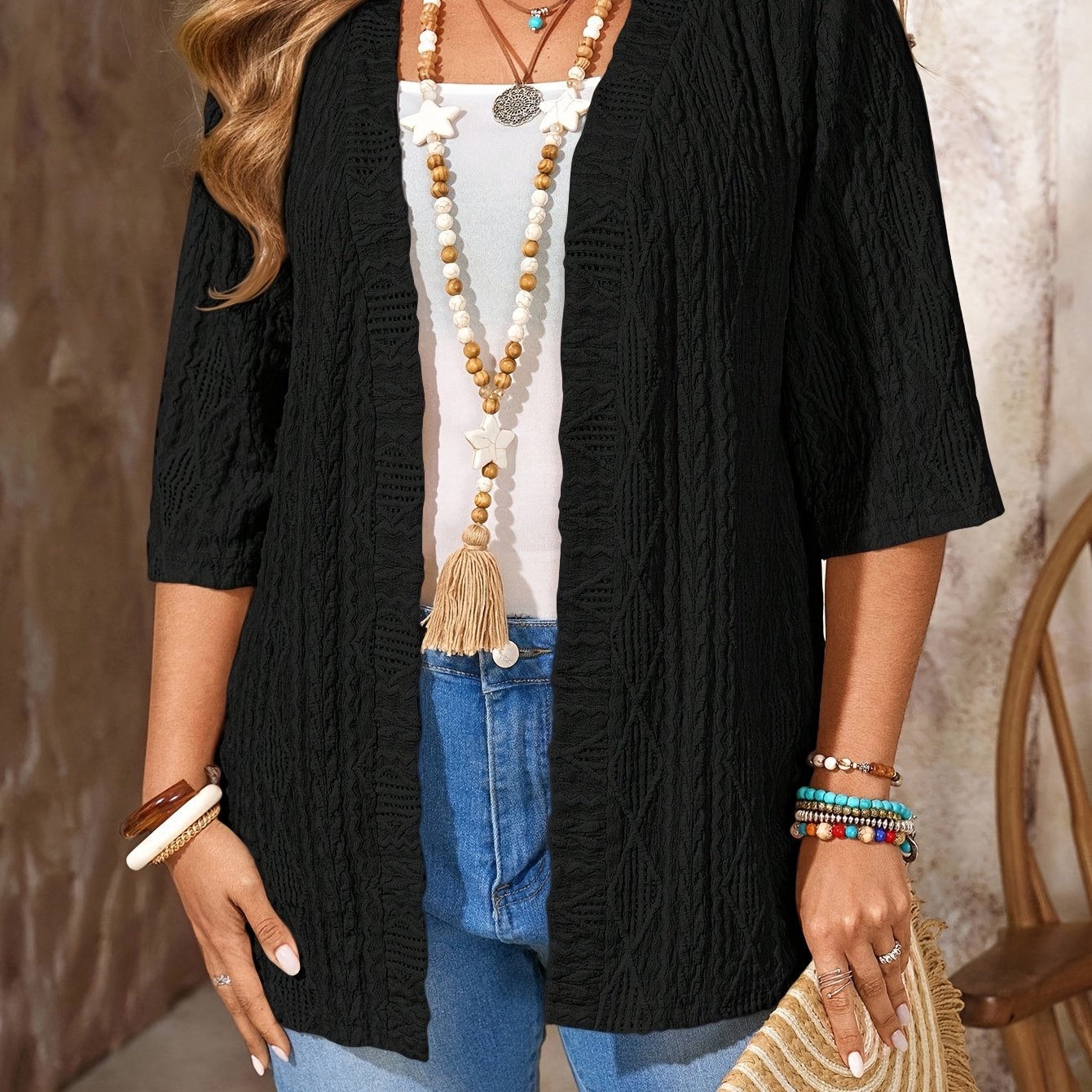 TEMU Plus Size, Plus Size Women's Spring/summer Top, Hollow-out Half Sleeve, Breathable And Versatile, Flattering On Everyone, Exquisite Weaving