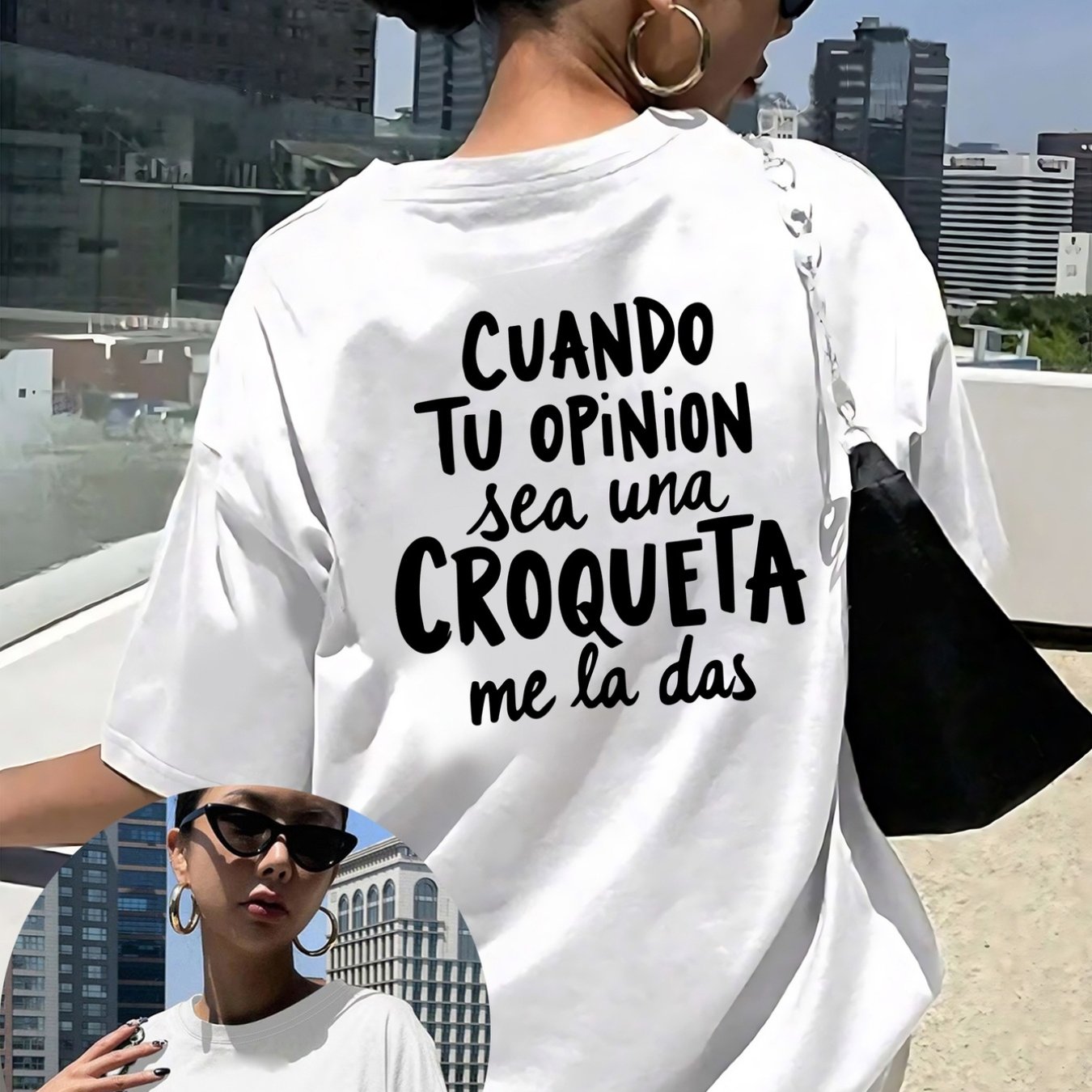 TEMU Camiseta de manga corta casual de cuello para mujer con estampado , eslogan en español y estampado de comida española, tejido agradable , diseño