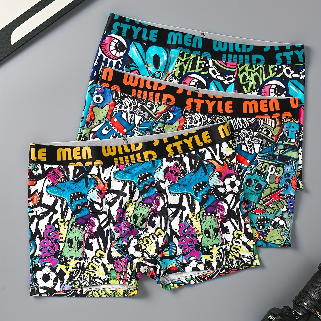 3pcs Men's Underwear, Random Graffiti Print, Elastic Waistband Men's Boxer Briefs