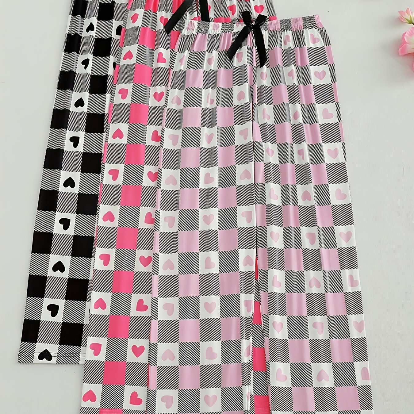 TEMU Plus Size Three-pack Stripe Heart Print Comfortable Casual Lounge Pants For Women