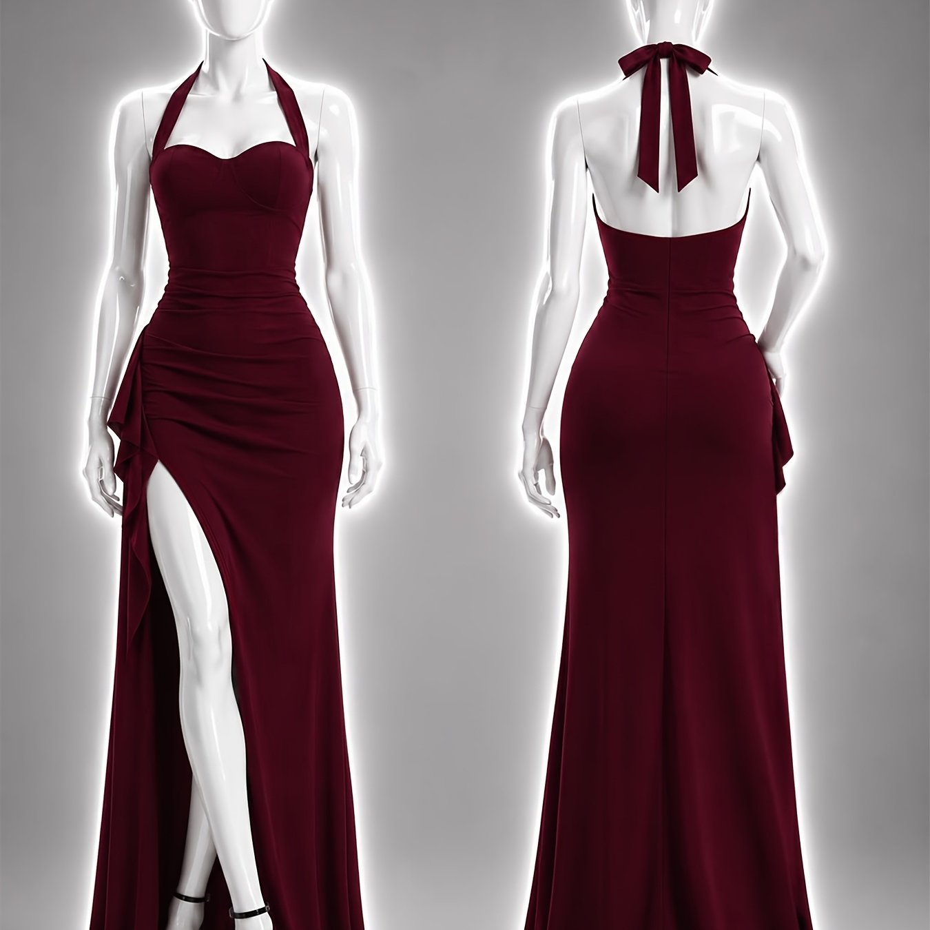 TEMU Women's Elegant Halter Neck Bodycon Dress With Waist-cinching & High Slit - Hem Mermaid Gown, Machine Washable Suitable For Parties, Weddings,