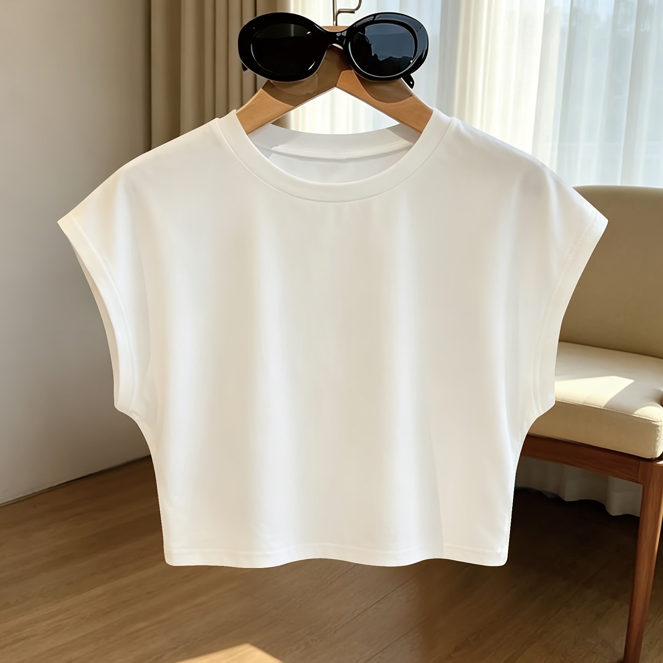 TEMU Minimalist Solid Color Cropped T-shirt For Women, Loose Fit, Round Neck, Versatile Crop Top