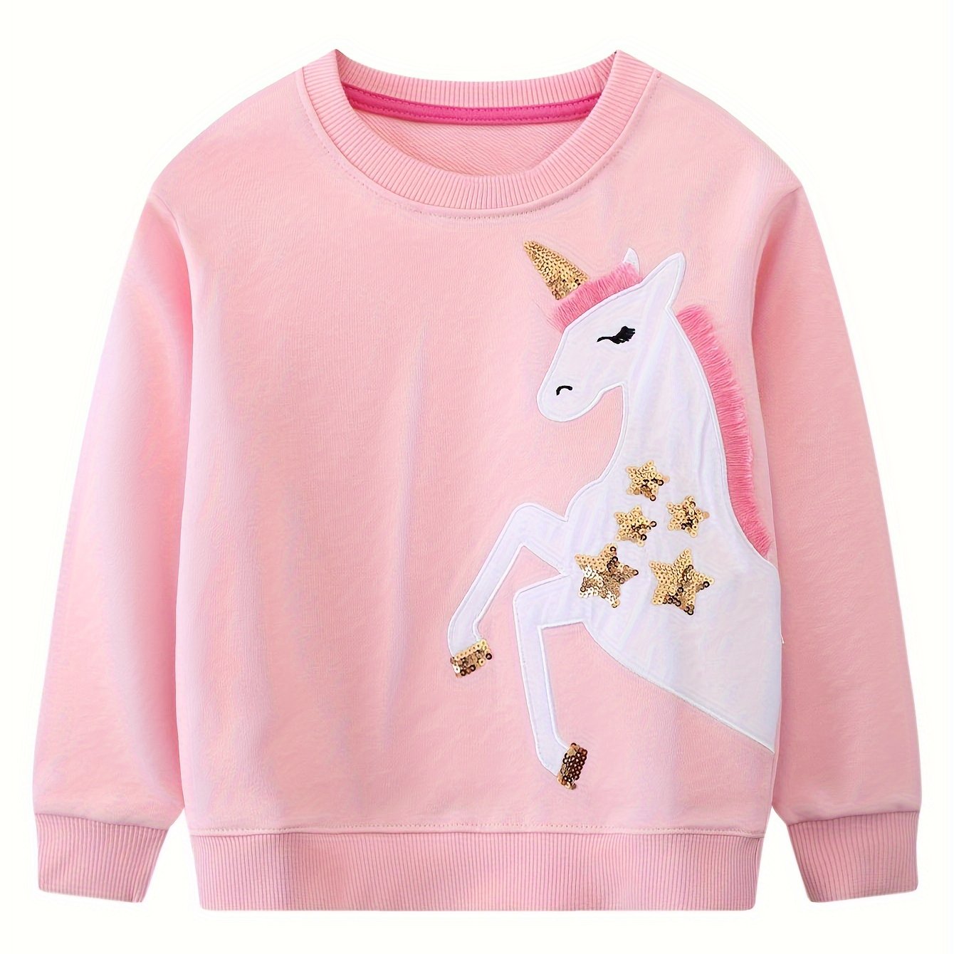 Image of Spring And Autumn ' Pink Long-sleeve Sweatshirt Featuring A Cartoon Unicorn With Sequin Embroidery, Made Of Knit For Casual Wear