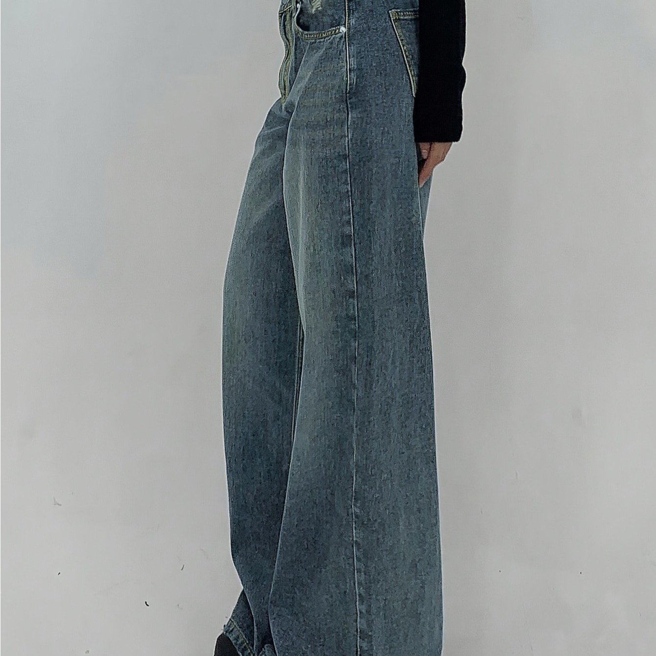 TEMU 1-pack Women's Wide-leg Ultra-long Floor-length Ripped Loose-fit Casual Jeans. Suitable For Streetwear, Daily Wear, Parties, And Outdoor Scenes.