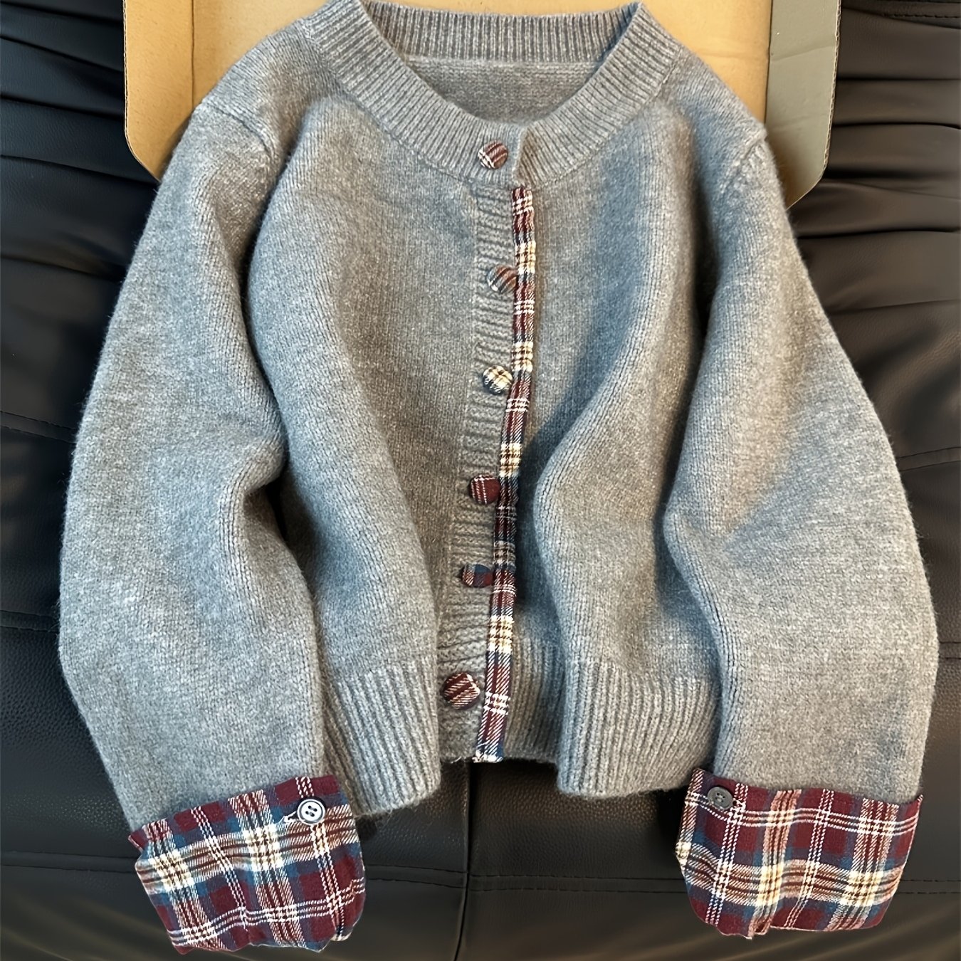 TEMU Women's Korean Cardigan Sweater - Round Neck Checkered Jacket With Collar, Loose Fit Blazer Suitable For Spring/autumn, Machine Washable Office
