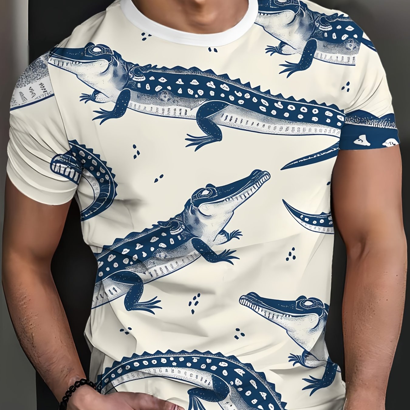 TEMU T-shirt pour homme à col ras du cou et manches courtes, haut confortable et rafraîchissant avec imprimé à motif crocodile bleu et blanc. Doté