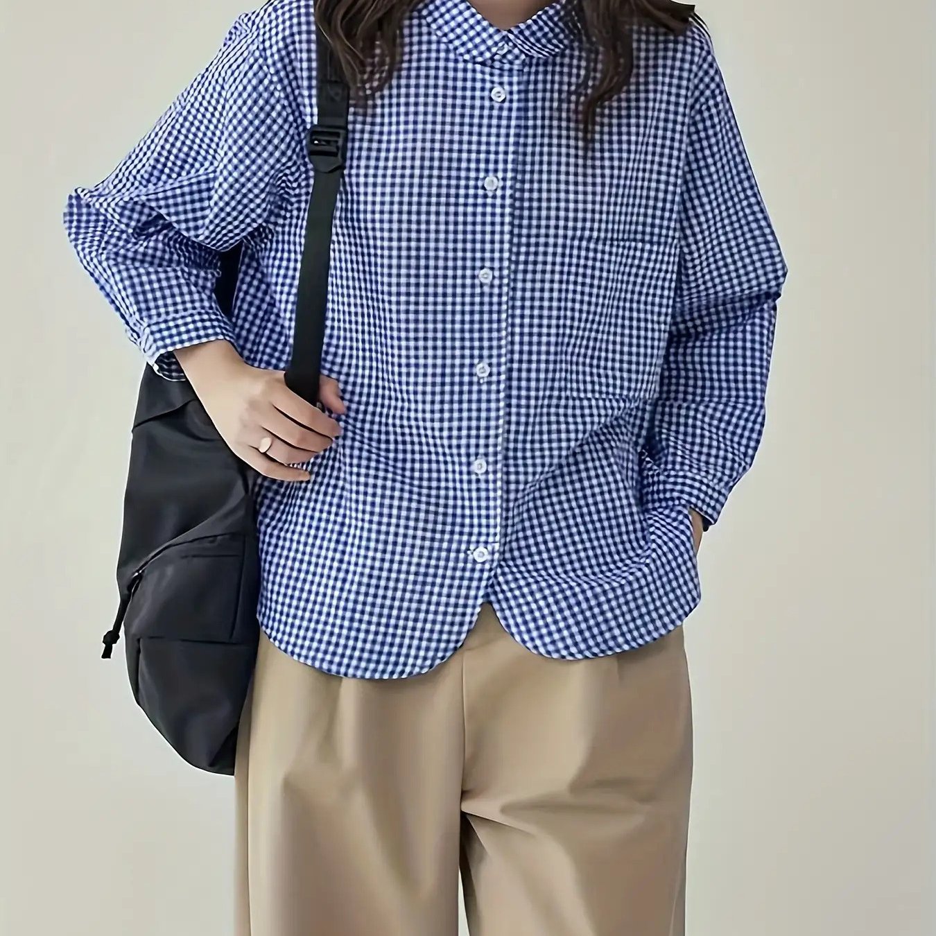 TEMU 【商品名】レディース＆チェック柄 シングルブレスト 長袖 ゆったりシャツ スタンドカラー＆胸ポケット - オール カジュアル＆セミル ボタンアップ ブラウス、しわになりにくいイージーケア生地、普段使い＆特別な機会に最適