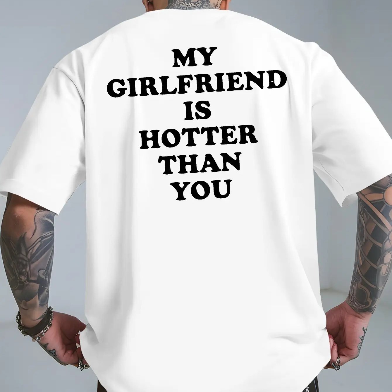 TEMU Men's Casual Summer Pattern T-shirt - "my Girlfriend Is Than You" Print, Breathable Short Sleeve Crew Neck Tee, Navy Blue With White Letters,