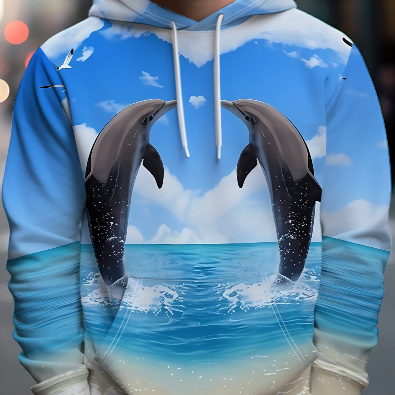 TEMU Men's Streetwear Hooded Sweatshirt - 2 Leaping The Sea, Accompanied -shaped Clouds And , With A Beach And Ocean Setting - Full Of Streetwear