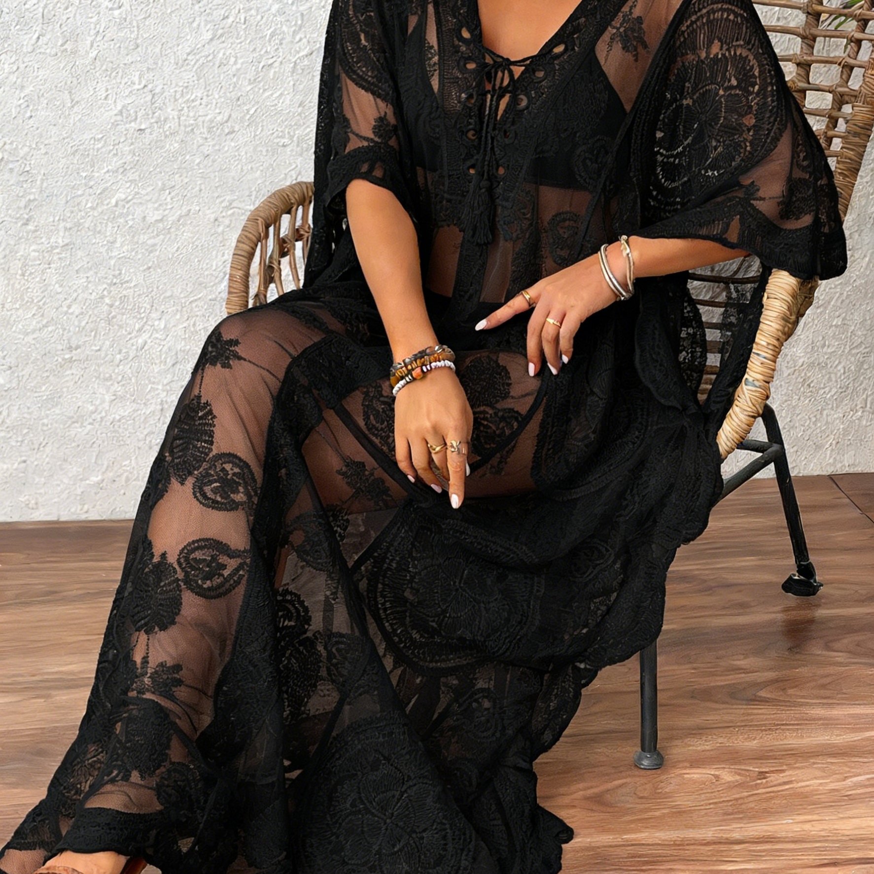 Image of 1pc Women's Long Semi-sheer Elegant Cover-up, V-neck Tie Design, Beach Vacation Casual Outerwear, Sexy, Summer Solid Color Bohemian Style