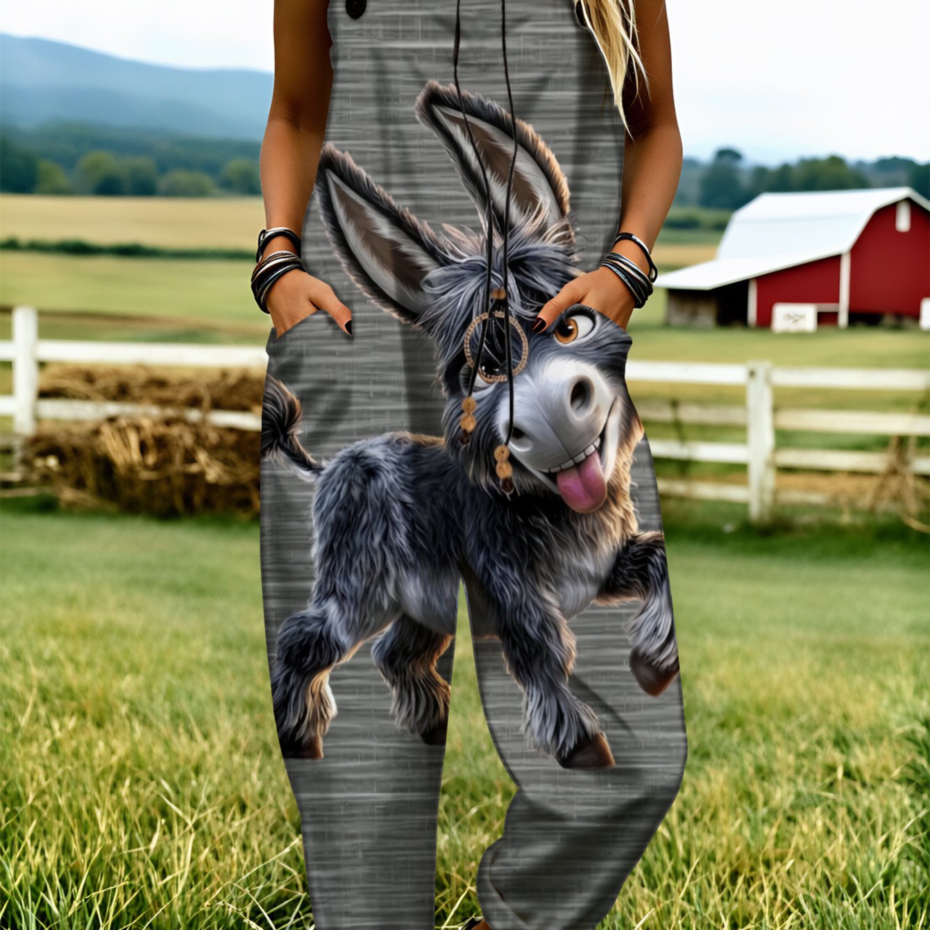 Plus Size Women's Overalls 0xl-5xl Donkey Cartoon Print Pattern Gray Comfortable And Breathable Clothing Summer Clothing Suitable For Spring, Summer, And Autumn Machine Washable