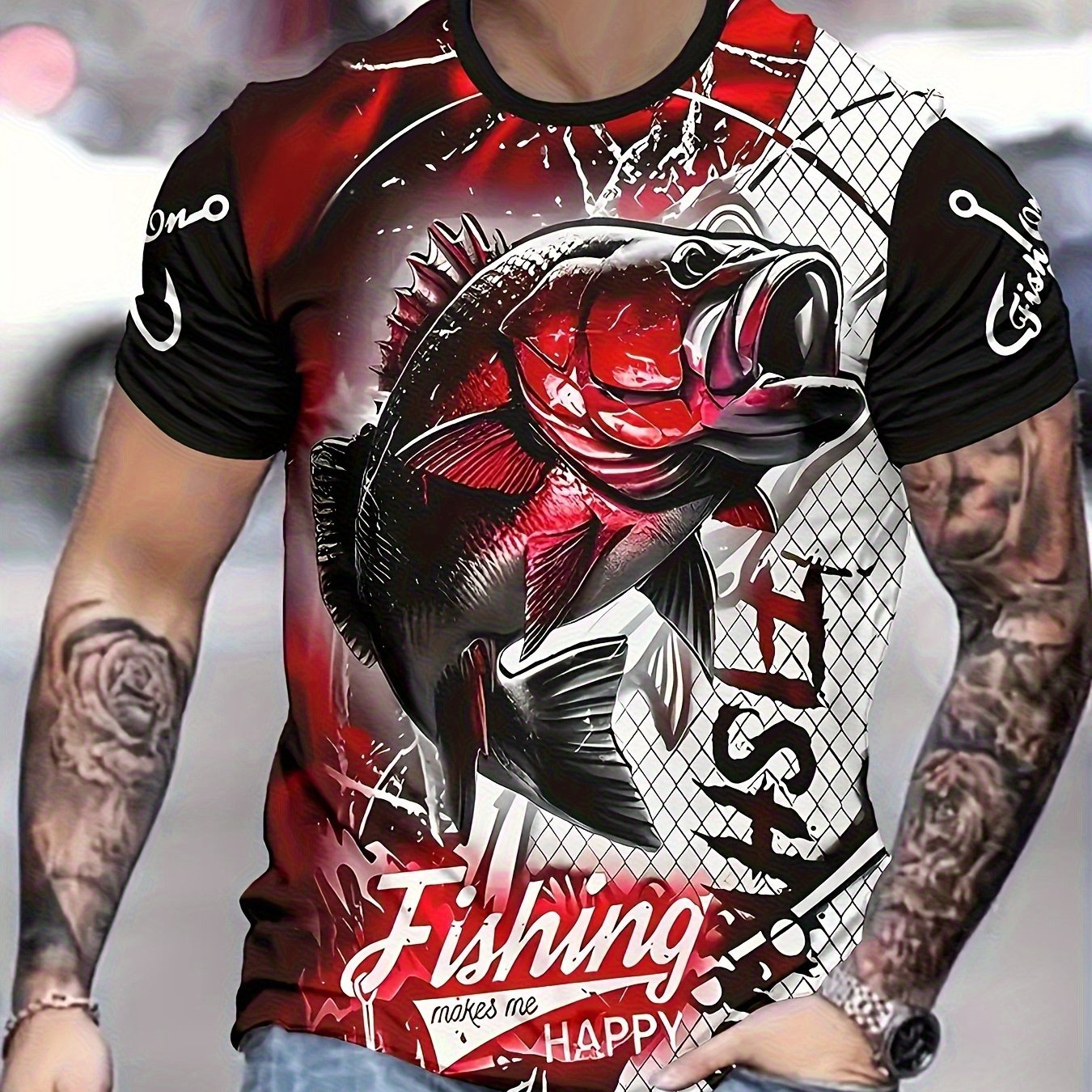 TEMU Men's Printed Seabass Pattern T-shirt - Full-body Heat Transfer, Vibrant Red And Black , Comfortable Short Sleeve Crew Neck, Style For Fishing