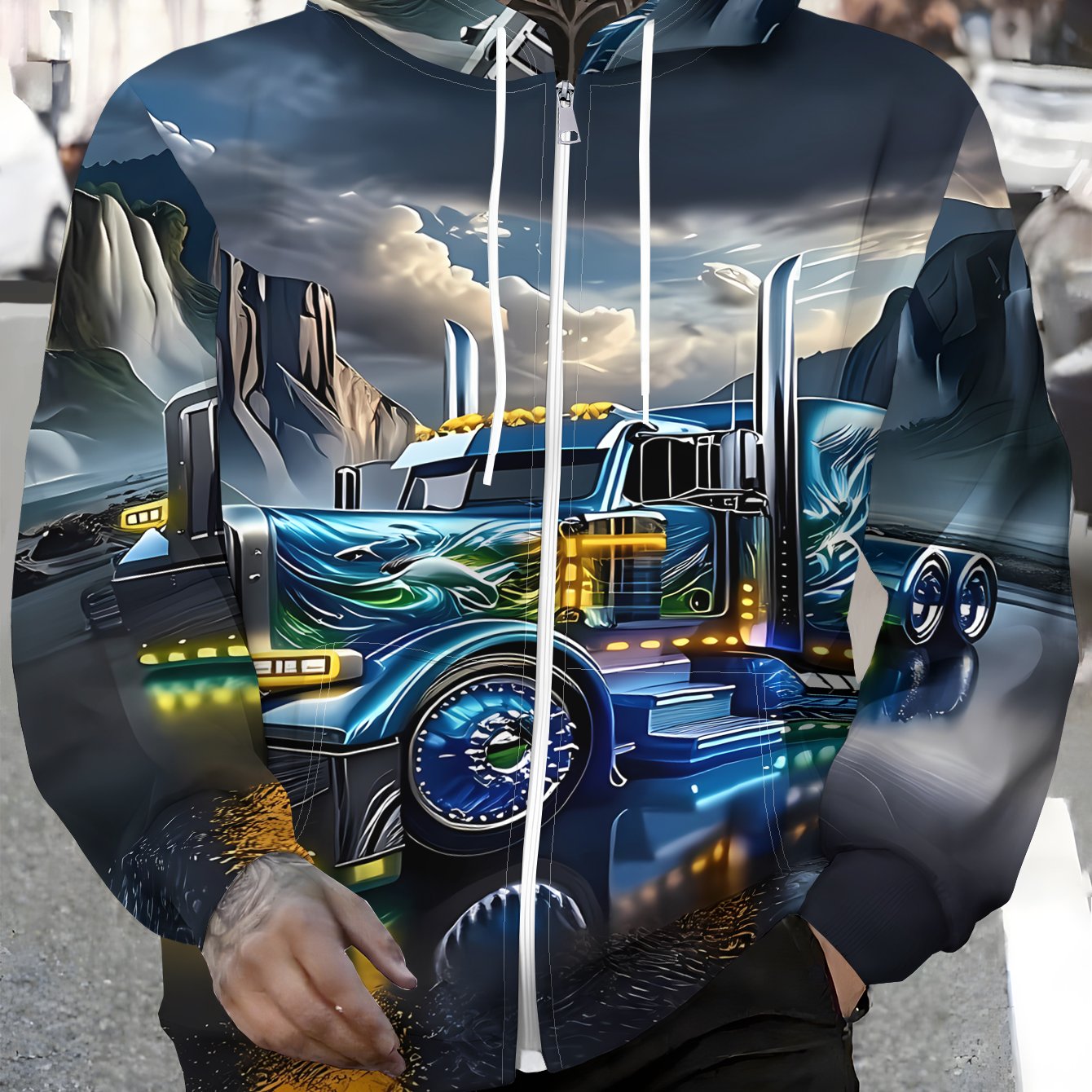 TEMU Men's Zip-up Hoodie - Casual Pullover Zip Hoodie For Men - Features A Print Of A Truck Waterfall Against A Night Backdrop, Suitable For Autumn