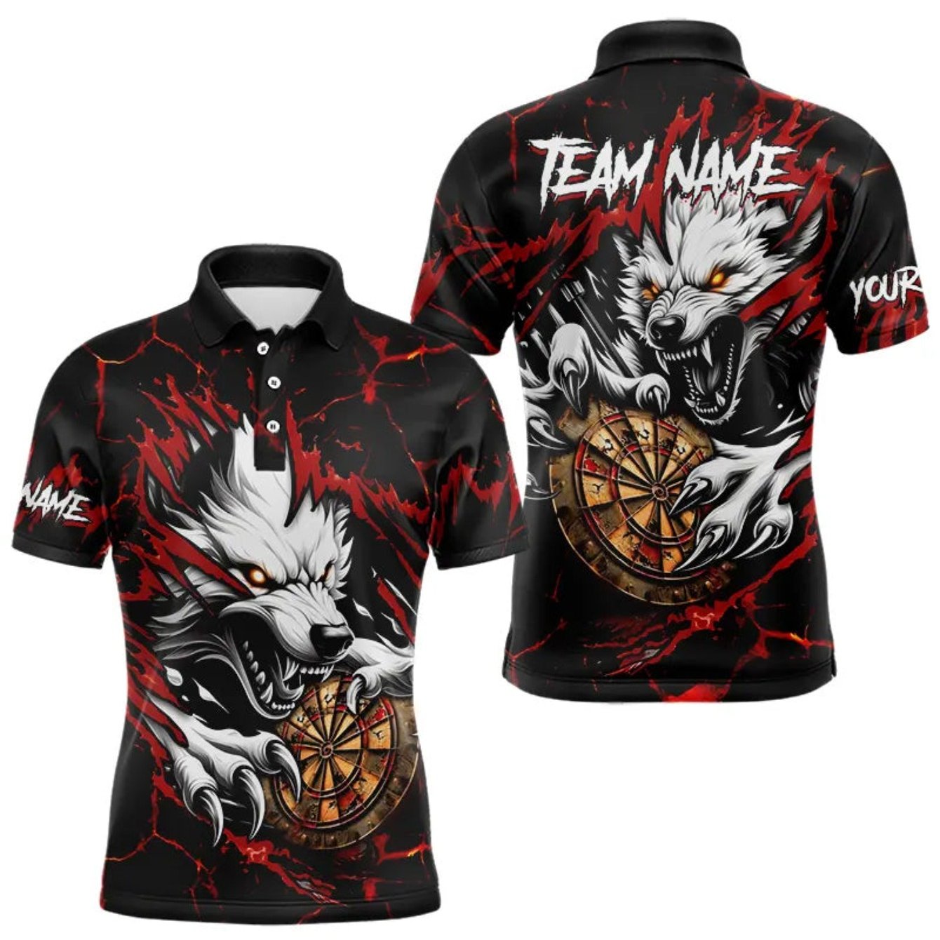 TEMU Custom Darts Shirt - Personalized Wolf & Lightning Design, & Red With Team Name/initials, Casual Short Sleeve Golf Top, Machine Washable Summer