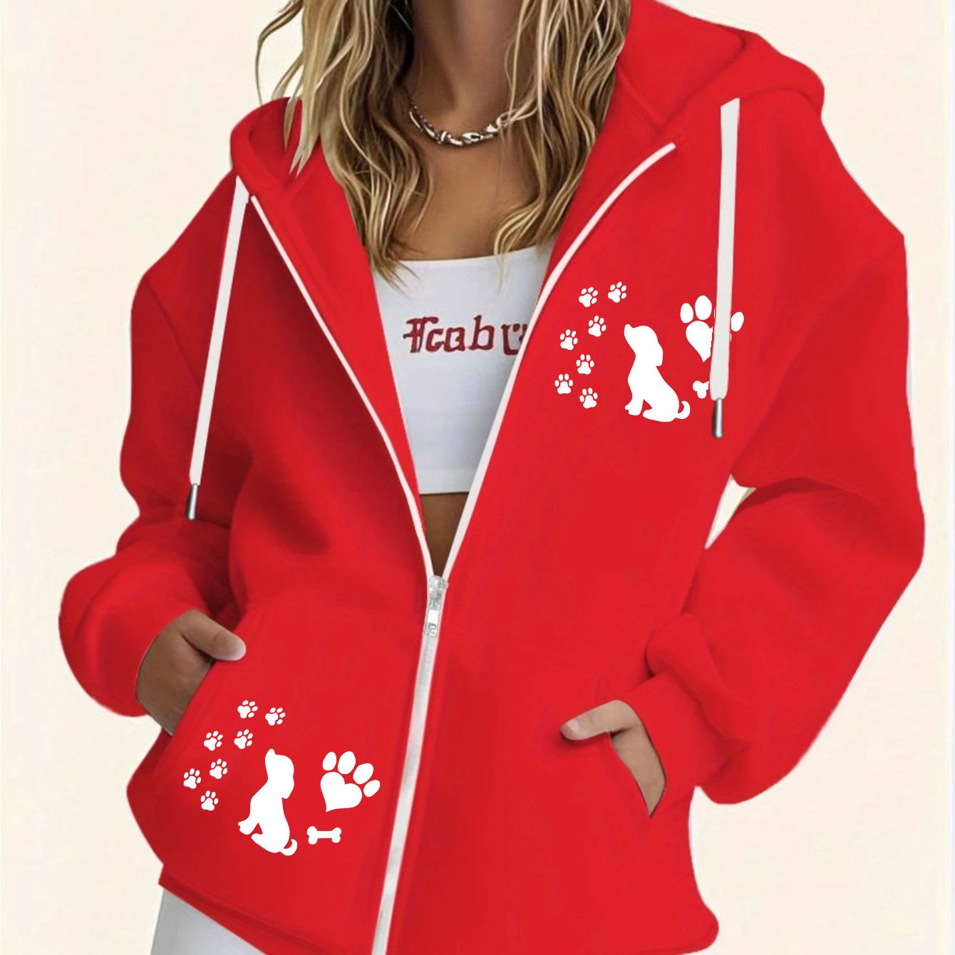 TEMU Women's Fleece-lined Hooded Sweatshirt With Cute Puppy & Paw Print - Cozy Winter Dog-themed Pullover, 100% Polyester Zipper Hoodie, Machine