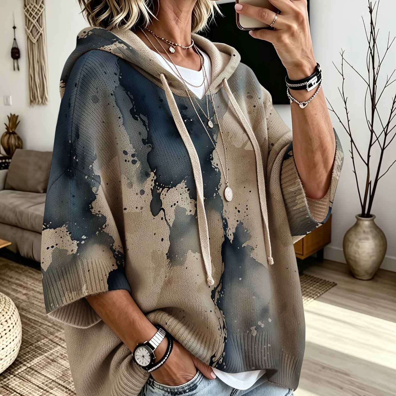 TEMU [Pull Léger] Pull Femme, Design à Capuche et Cordon de Serrage, Manches Larges à Épaules Tombantes, Coupe et Oversize, Dégradé Bleu, Idéal pour