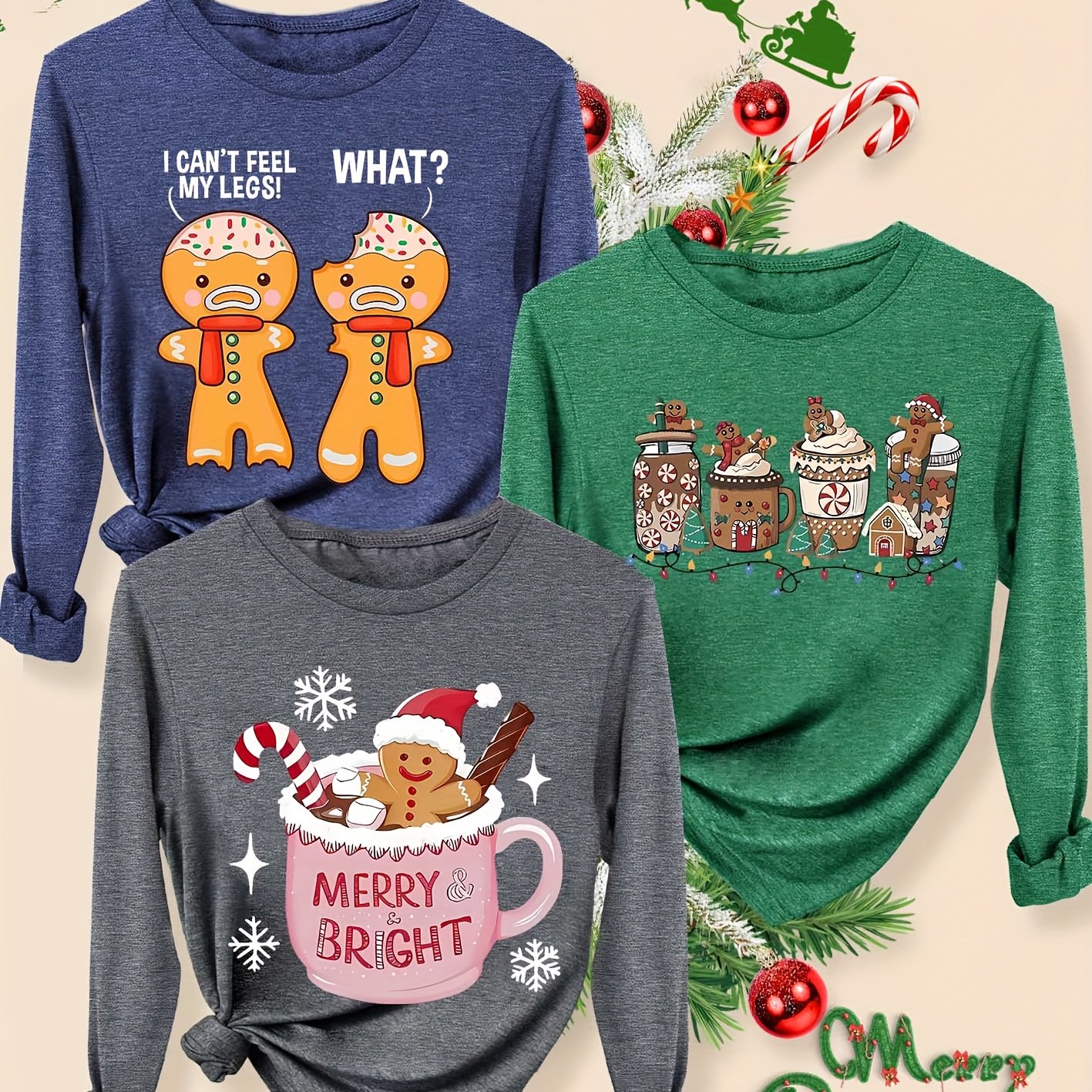 TEMU Christmas Edition 3pcs Set, Sister Family Matching Outfit, Simple Clear Lines With English Letters, Gingerbread For Man, Gingerbread, And