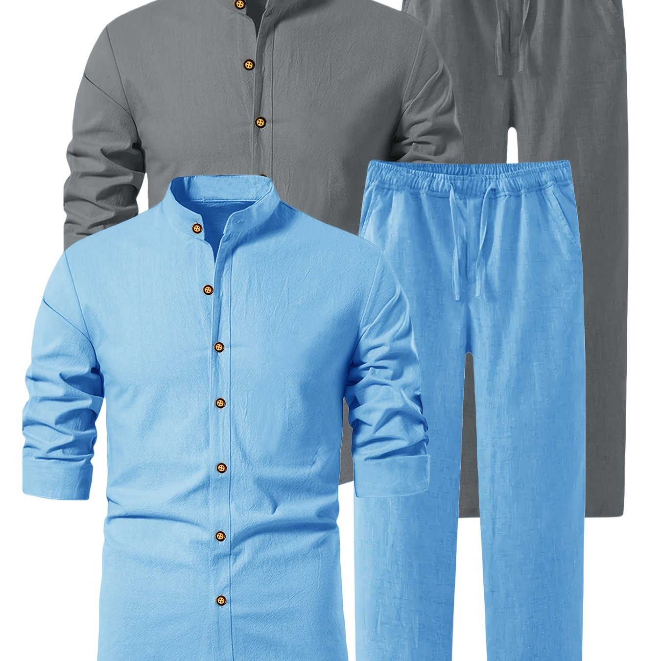 TEMU Ensemble 4 pièces en lin pour homme, vintage américain d'été avec chemise à petit col + pantalon long, respirant, , simple, style vacances air