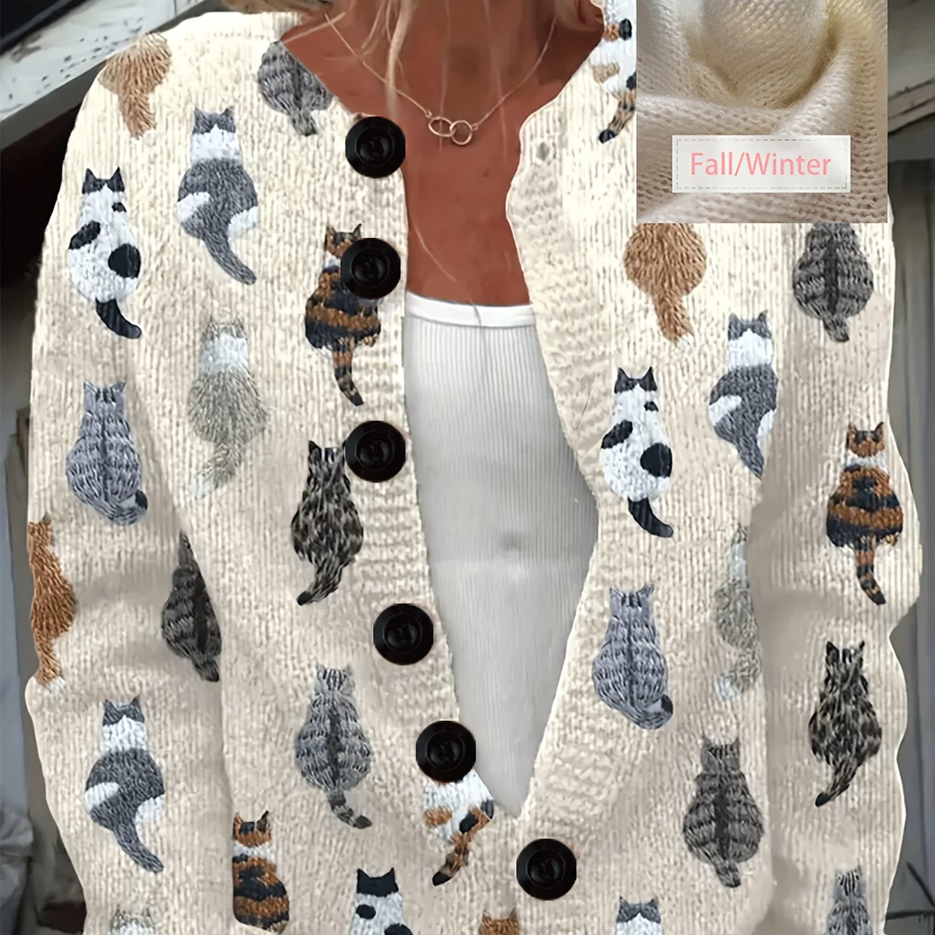 TEMU Nouvelle Mode Automne/Hiver Cardigan Femme à Col Rond, Manches Longues et Ouvert sur le Devant avec Imprimé Numérique à Motif Animal, Veste Pull