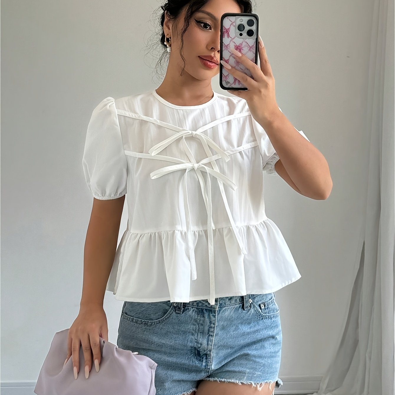 Bow Front Puff Sleeve Blouse Top