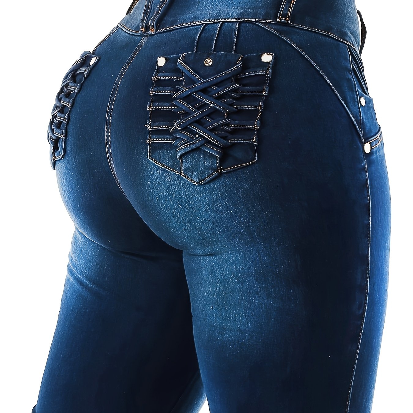 Image of Women's High-waist Slim Jeans With Lifting Design - Stretch Denim, Button Detail, Wide Waist, , Light Blue, Street Style, Casual Attire, High Waisted Jeans, Streetwear Jeans, Elegant Jeans