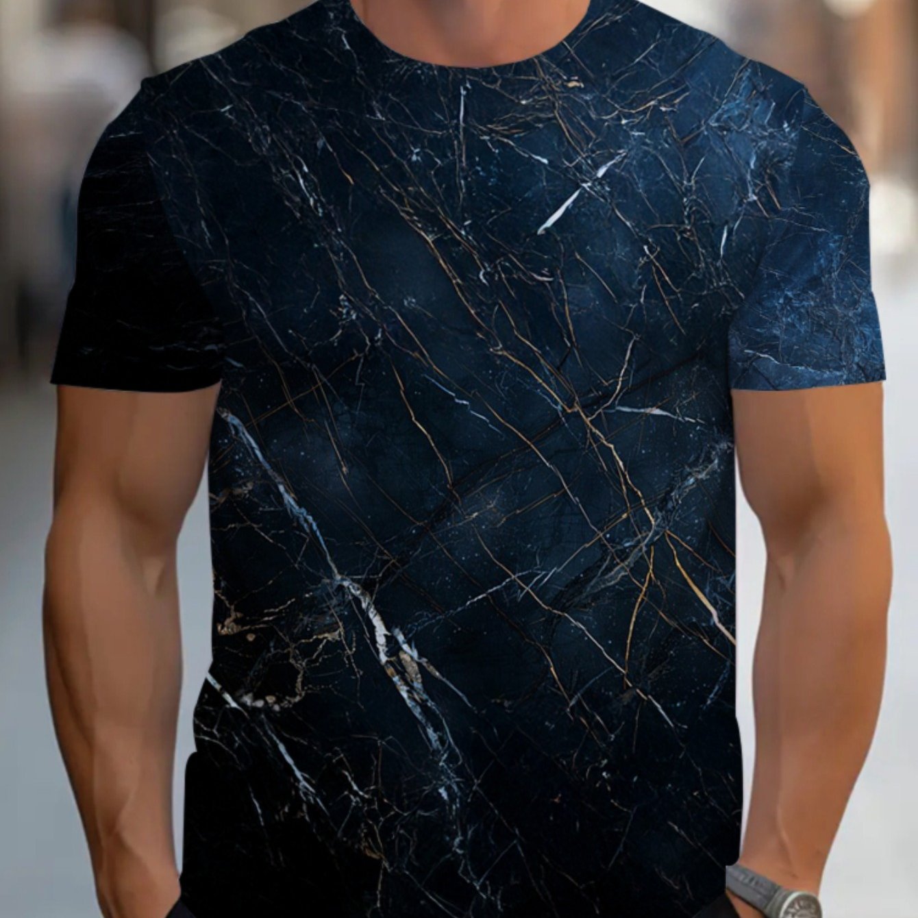 TEMU Men's Marble Print Short Sleeve T-shirt - Dark Blue Marble, Lightweight Breathable Summer Shirt, Casual Round Neck Tee For Outdoor & Daily Wear,