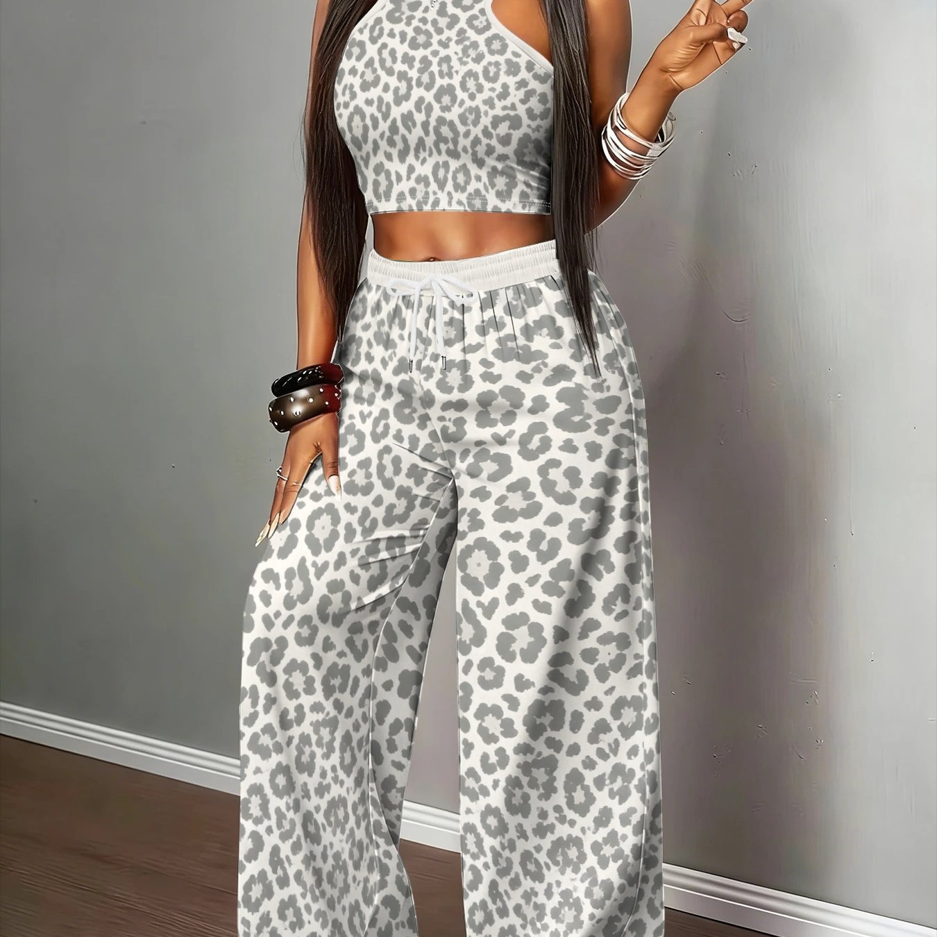 TEMU Women' Size Grey& White Leopard Print Halter Top& Wide-leg Pants 2pcs Set, Style, Loose& Slim-fit With Large Side Pockets, Casual Outfit