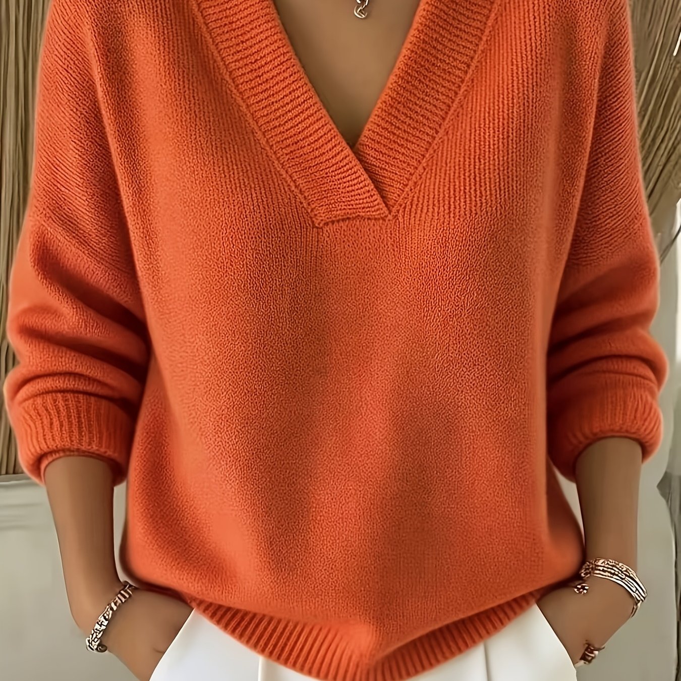 TEMU Suéter y elástico para mujer con cuello en V - Pulóver de invierno de ajuste holgado extragrande, elasticidad adecuado para desplazamientos