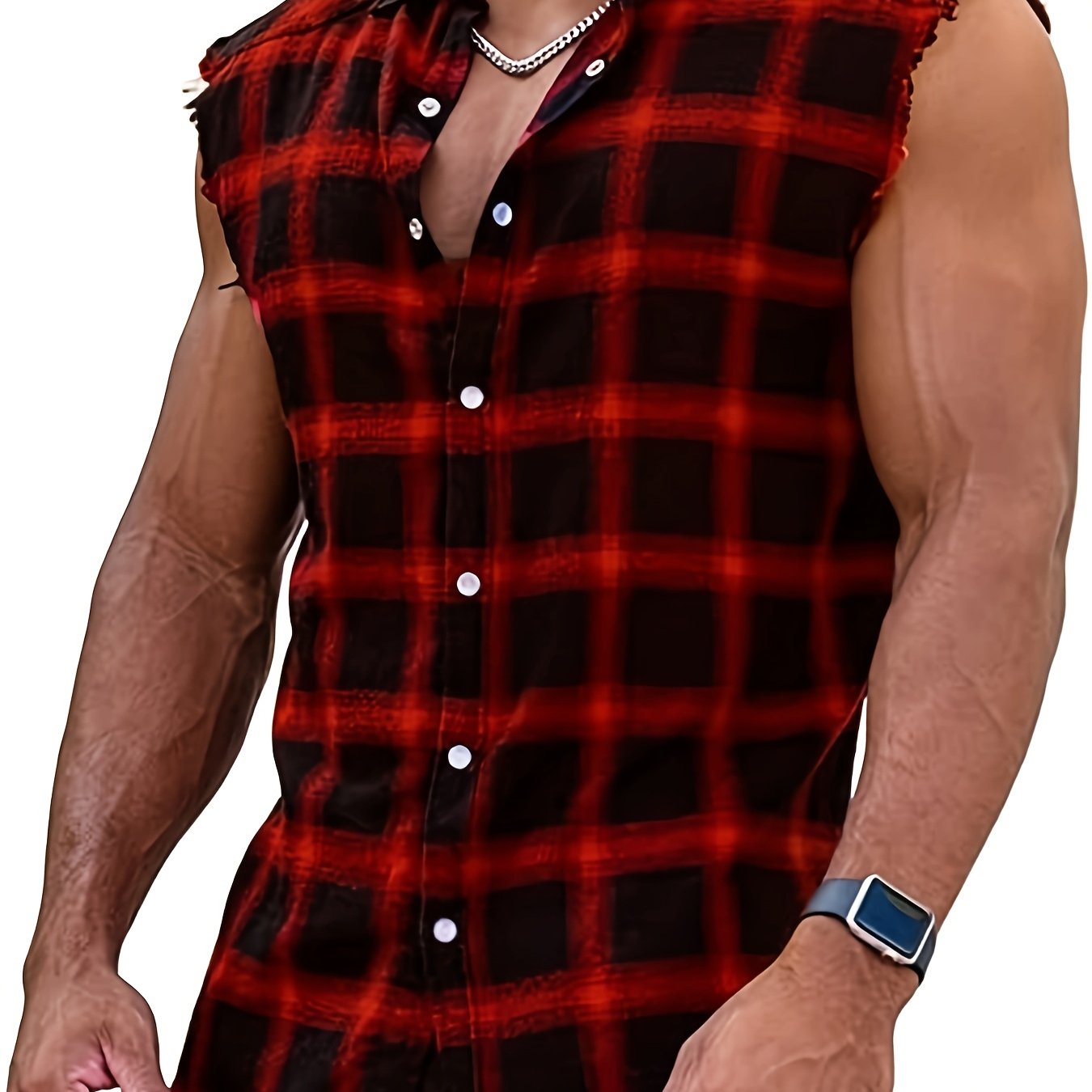 E-shop Lässiges ärmelloses Herren Flanell Hemd mit Karomuster, am Saum mit Quastendetail, klassisches kariertes Einreißhemd mit vier Knöpfen, geeignet