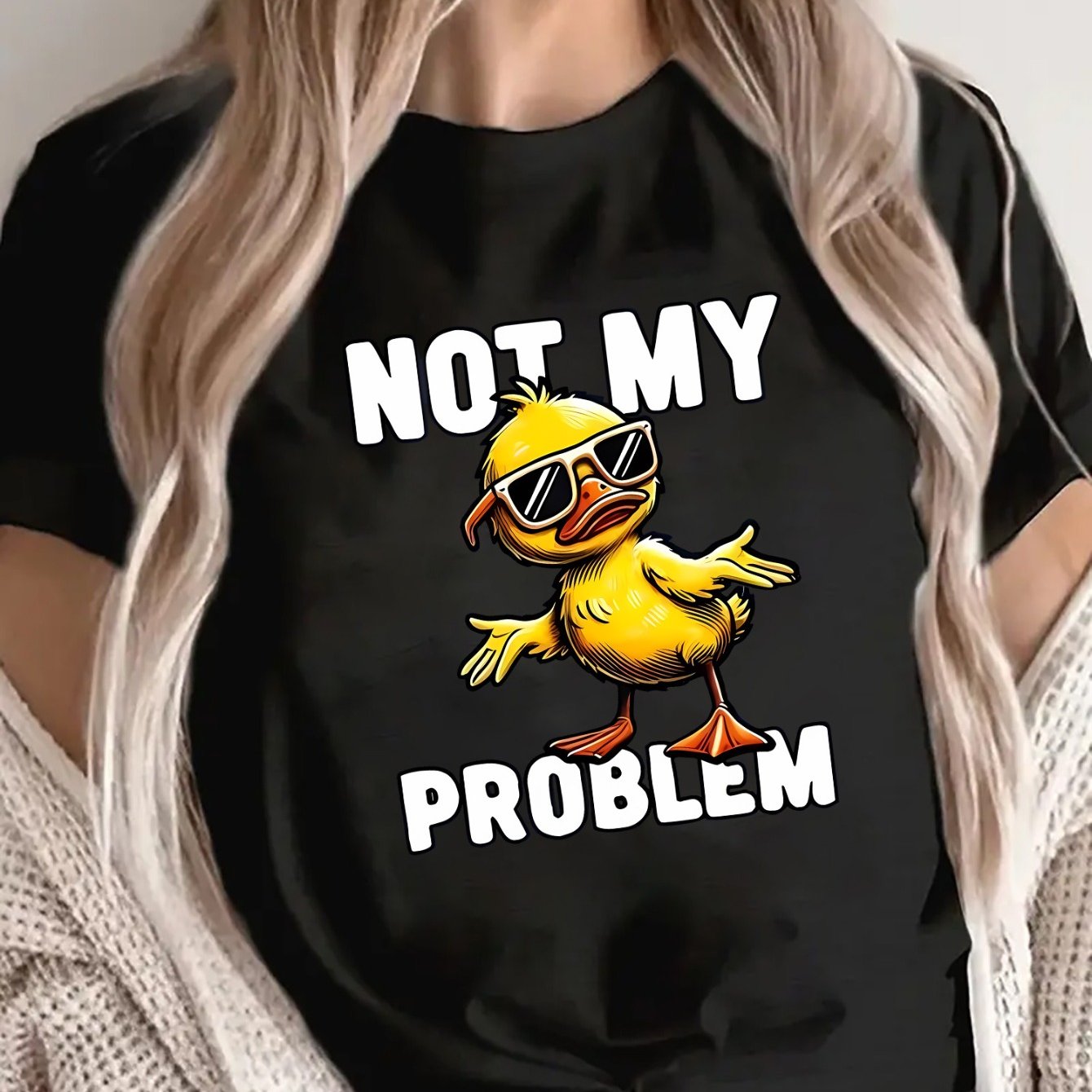 TEMU Not My Problem Duck Graphic T-shirt For Women, Polyester Short Sleeve Tee, Casual Fun Statement Top For Casual Attire, Lightweight And , Perfect