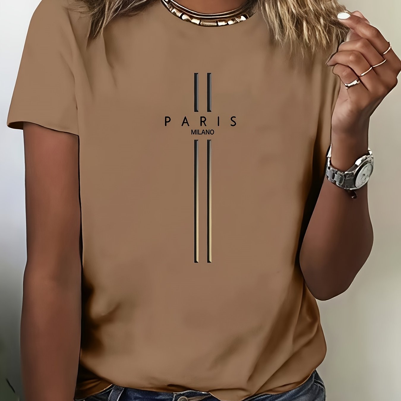 Image of Women's Paris Print T-shirt - Casual Crew Neck, Short Sleeve, Geometric Pattern, Lightweight Polyester, Summer Fashion Top, Ladies T