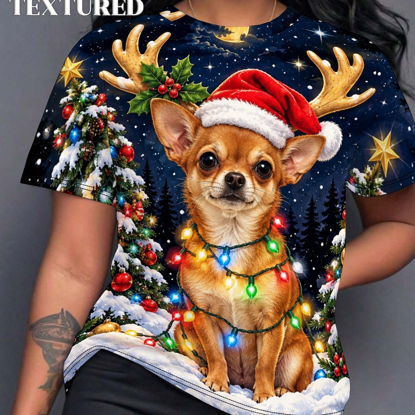 TEMU Teediy Christmas Chihuahua 2d Printing Design Not Textured Women's Summer Short Sleeve T-shirt All