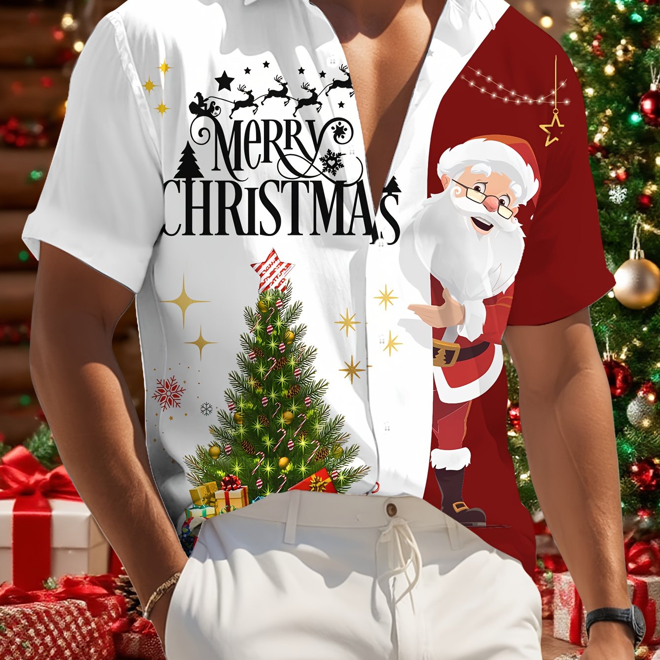 Men's Casual Fashion Christmas Print Shirt, Christmas Gift