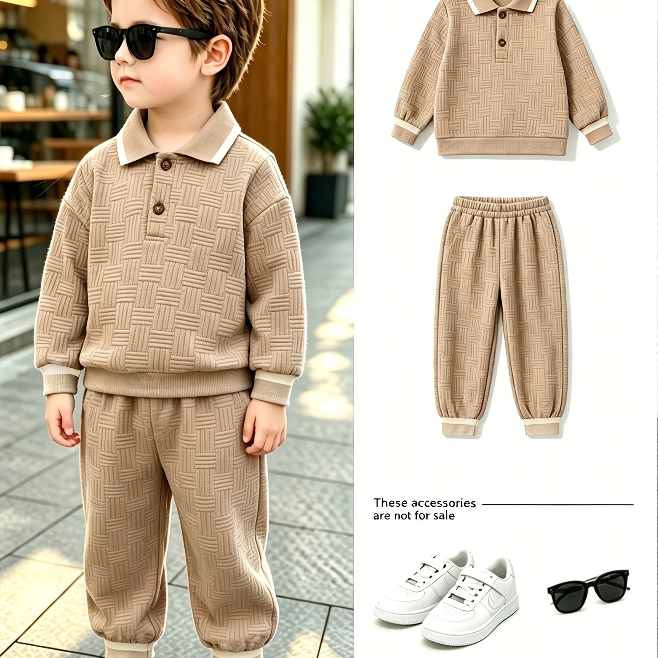 Image of 2pcs Boys' Spring/autumn New Style Ribbed Collar Jacquard Fabric Solid Color Sweatshirt And Solid Jacquard Fabric Trousers Casual Fashion Set, Perfect For Outdoor,christmas,halloween