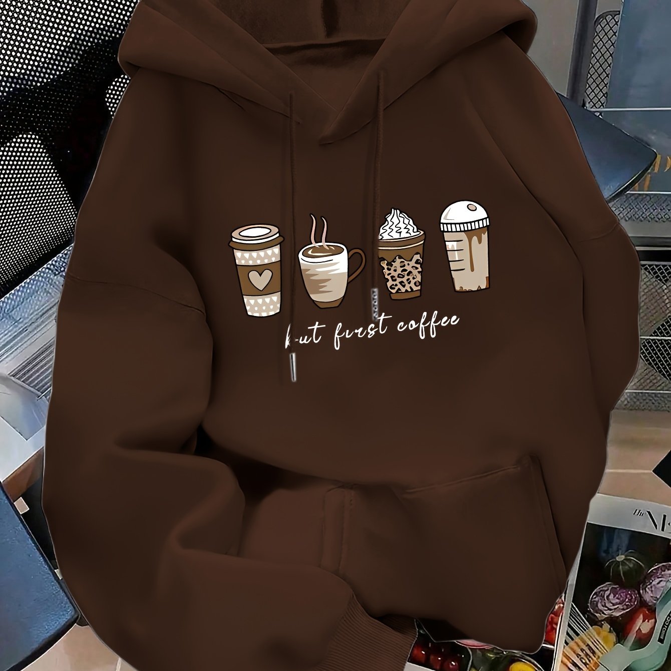 TEMU Women's Fashionable Pullover Hoodie With Coffee Letters And Pattern Prints, Featuring Kangaroo Pockets. This Is A Women's Casual Sweatshirt