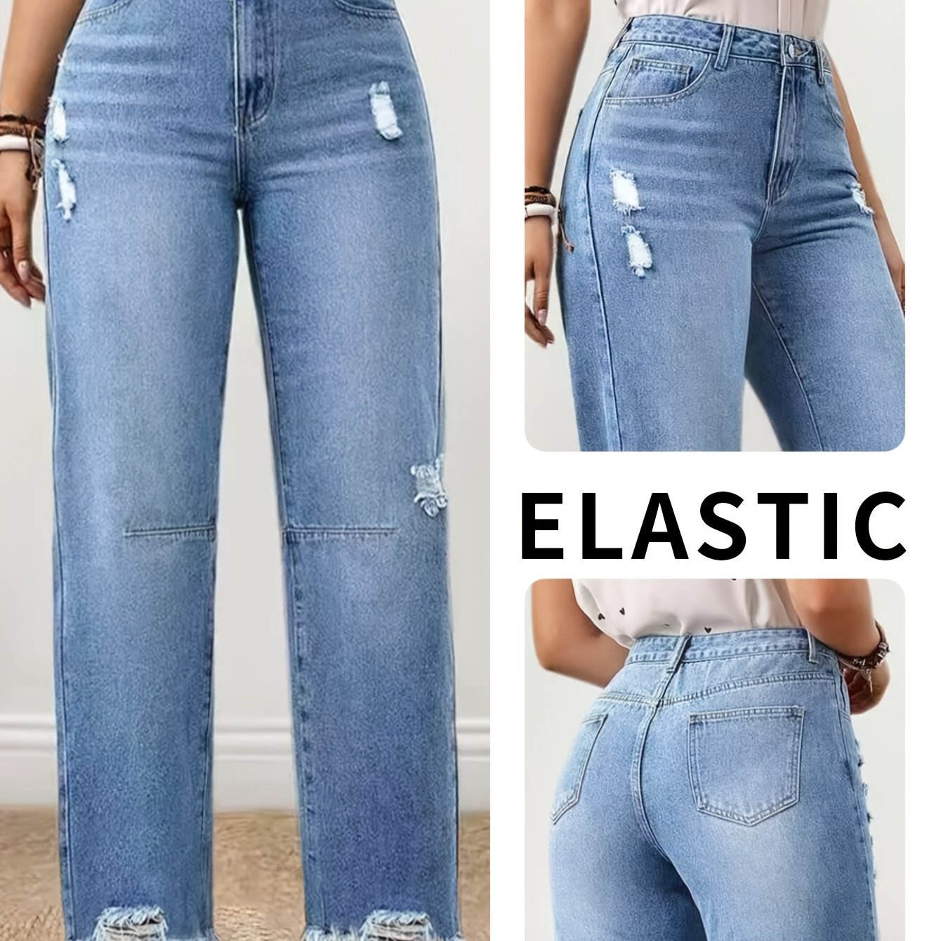 Elastic Ripped Straight Leg Jeans | High Stretch, Hem, Solid Color
