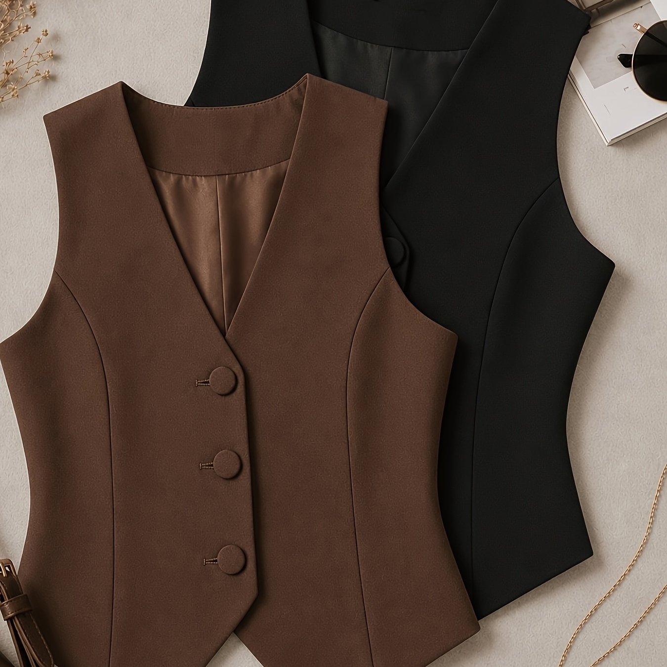 TEMU 2pcs Set Women's Vest V-neck Lining Button Casual Elegant Summer Trendy, Suitable For Home Casual/vacation/commute Wear