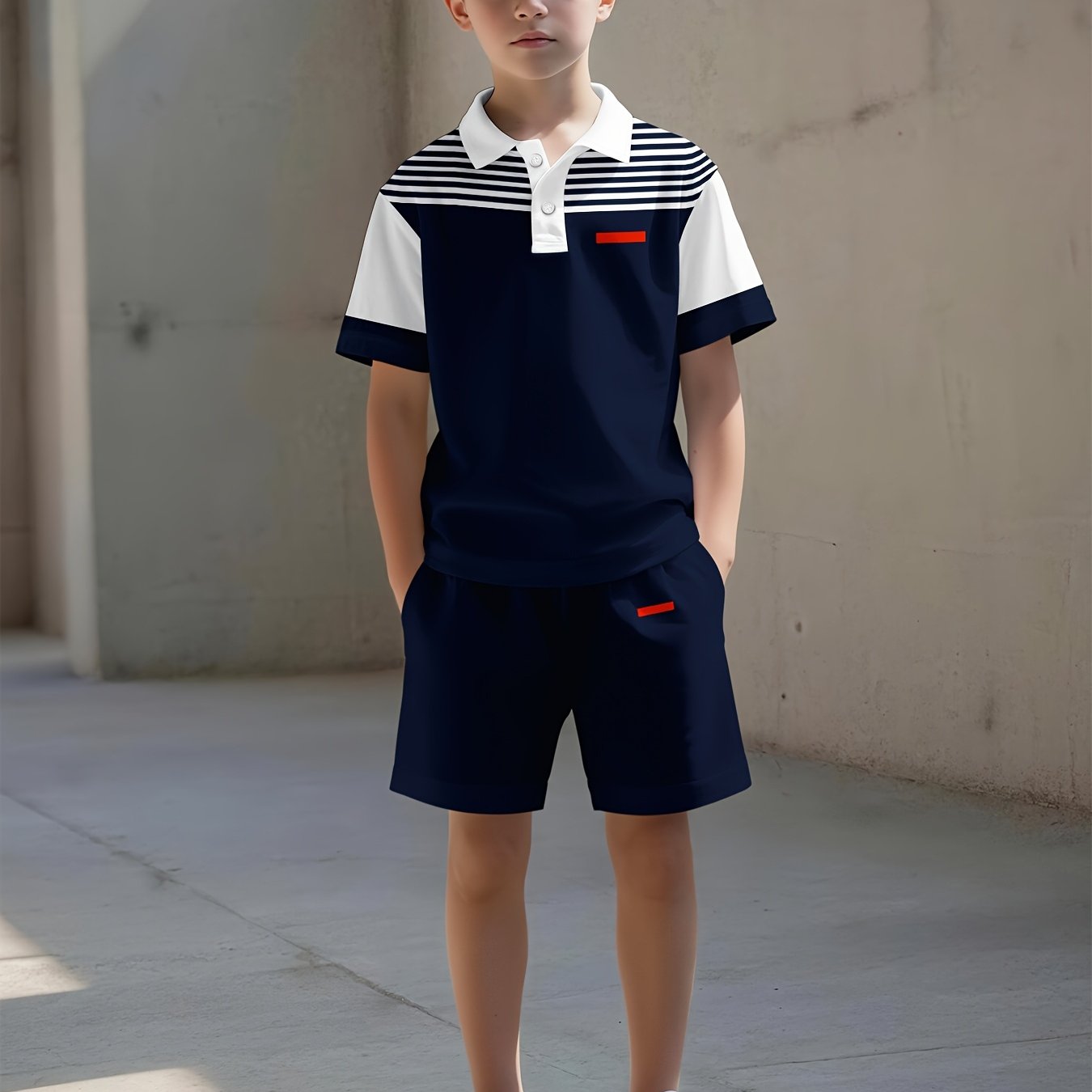 Striped Shirt And Shorts Set Features A Color -resistant And Versatile. Shirt And Shorts Set Is Suitable Boys' Wear, Offering A Casual Yet Look, Perfect For Outdoor