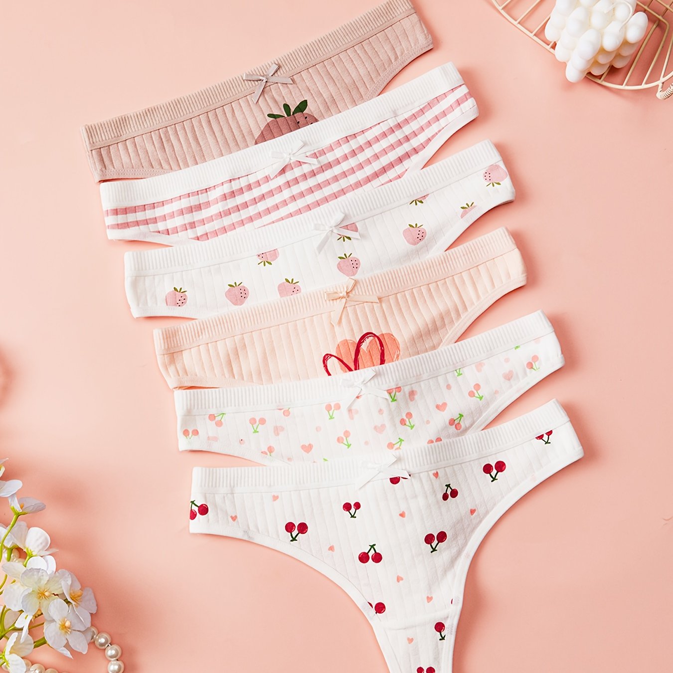 Image of 6pcs Cute Women's Thongs | , Simple And Fashionable, Cherry Strawberry Heart Print, Stretchy, Comfortable, Breathable, Suitable For Parties, Daily Casual Wear, Pajamas, Bikini, Beach, Aprsea