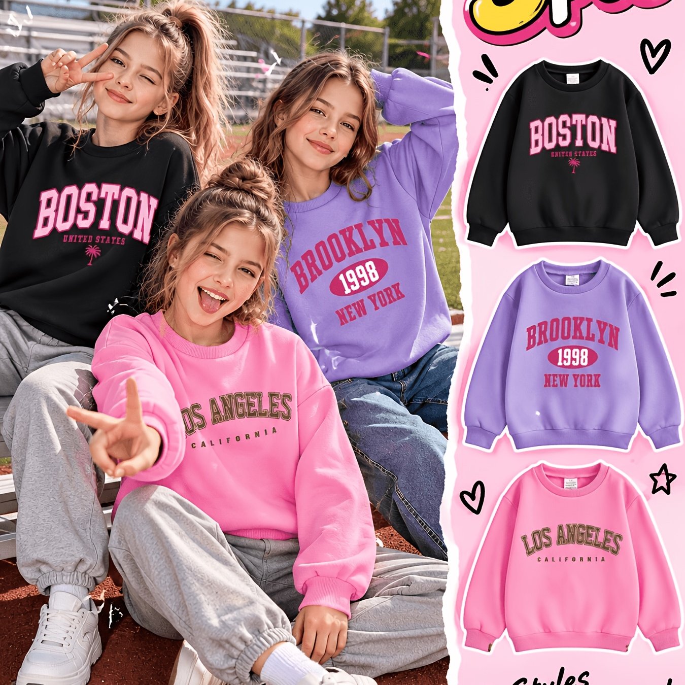 Image of Set Of 3 Letter Print Sweatshirts, Round Neck Casual Long Sleeve Hoodies For Autumn And Winter, For Girls