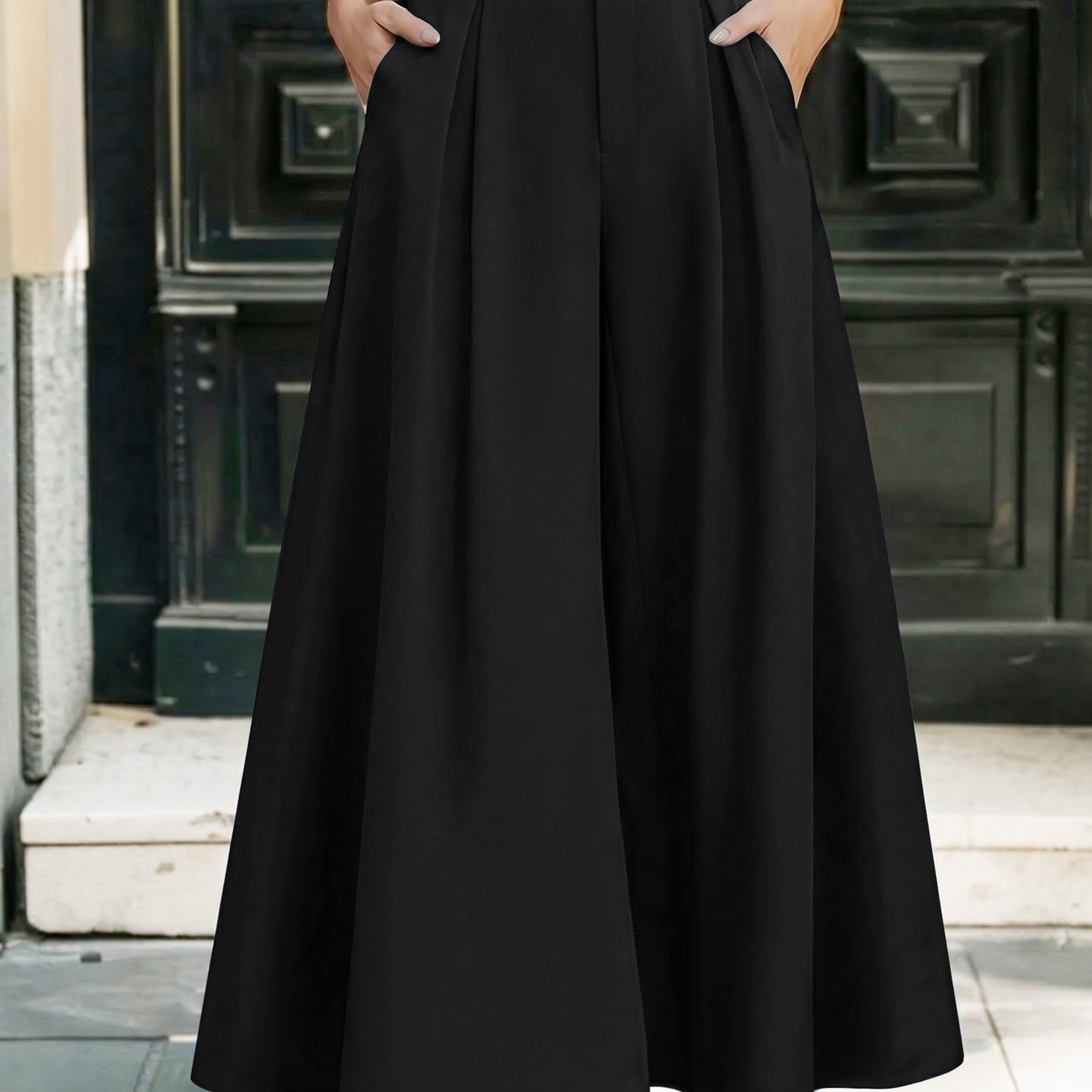 TEMU Plus Size - Plus Size Women' Color Half-elastic Waist Head Open Zipper Slant Pocket Casual Easy Loose Straight Elegant Style Women's Long Pants