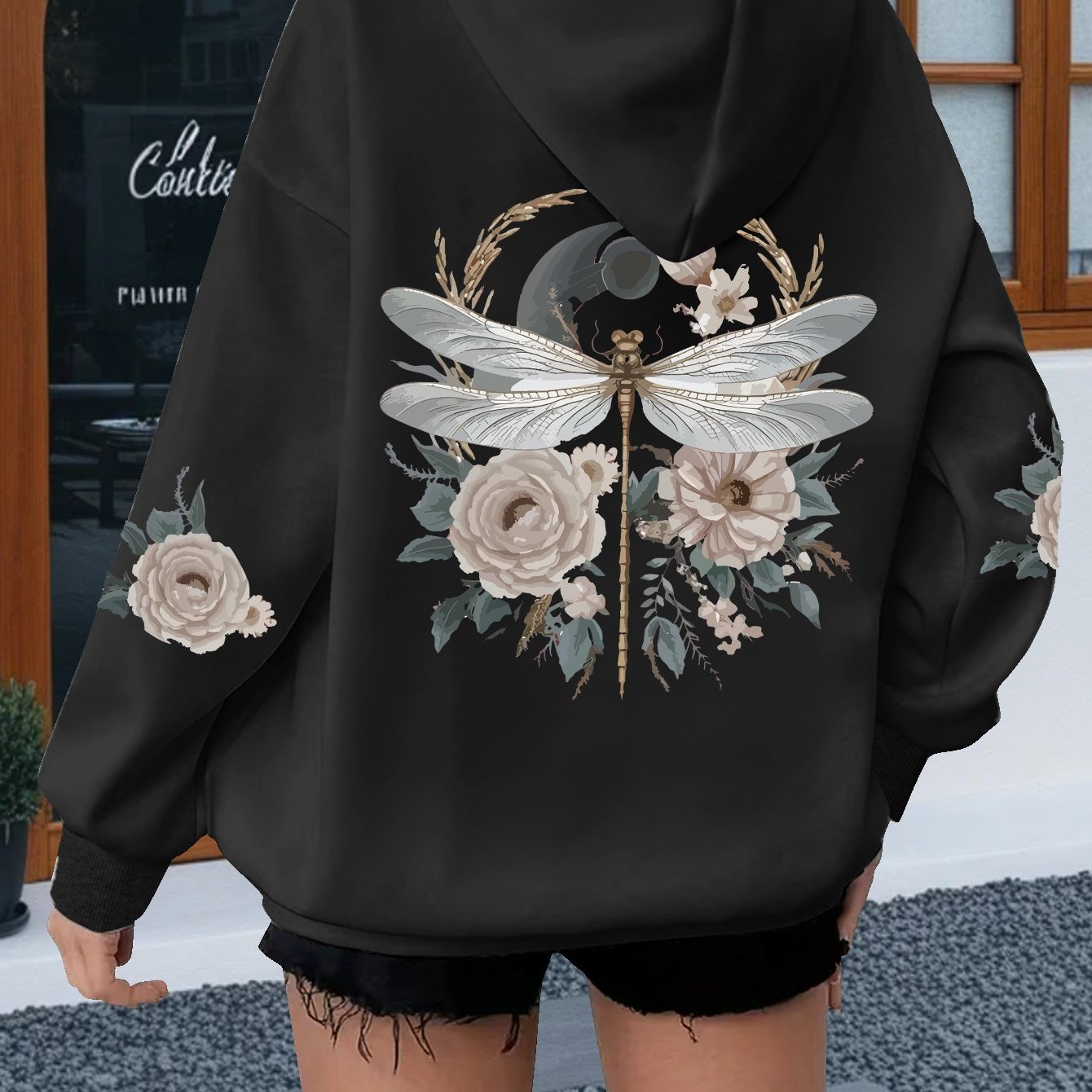 TEMU Plus Size, Dragonfly Print, Bohemian Forest-style Women's Hooded Sweatshirt