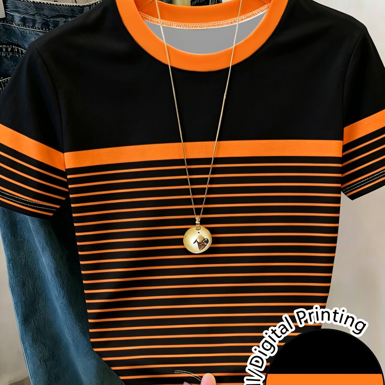 TEMU Contrast Fine Striped Crew Neck Short Sleeve T-shirt Vintage American Cool Slim Unisex Casual Daily