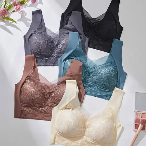 5pcs womens floral lace sports bras high support v neck push up breathable for running elegant floral print with lace trim non removable pads 5 colors beige pink teal red navy able lingerie feminine soft texture