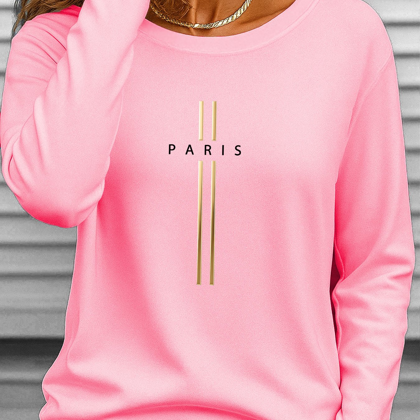 TEMU Women's Long-sleeve Round-neck T-shirt With Paris Print, Featuring A Design, 1006