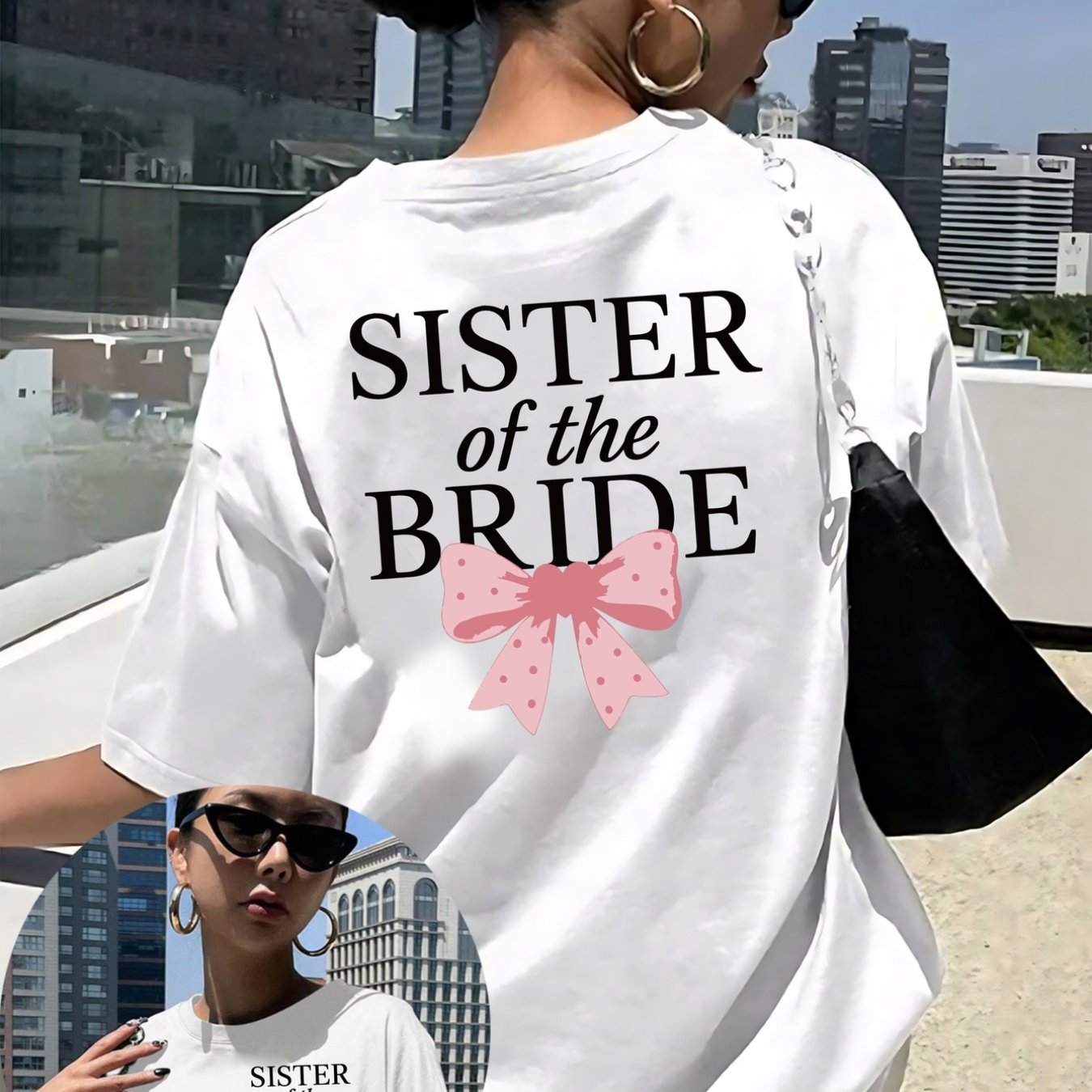 TEMU Front And Back Printed Women's Casual Short-sleeved T-shirt, Bridesmaid, Sister Y2k Band Printed Short-sleeved, Loose Round Neck, White, Machine
