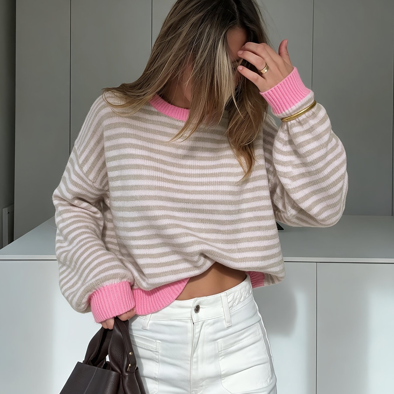 TEMU Damen Herbst Winter Preppy Style Rundhals Color-Block Gestreifter Off-Shoulder Lockerer Langarm Pullover Sweater Top, Neuer Casual Retro Pendler